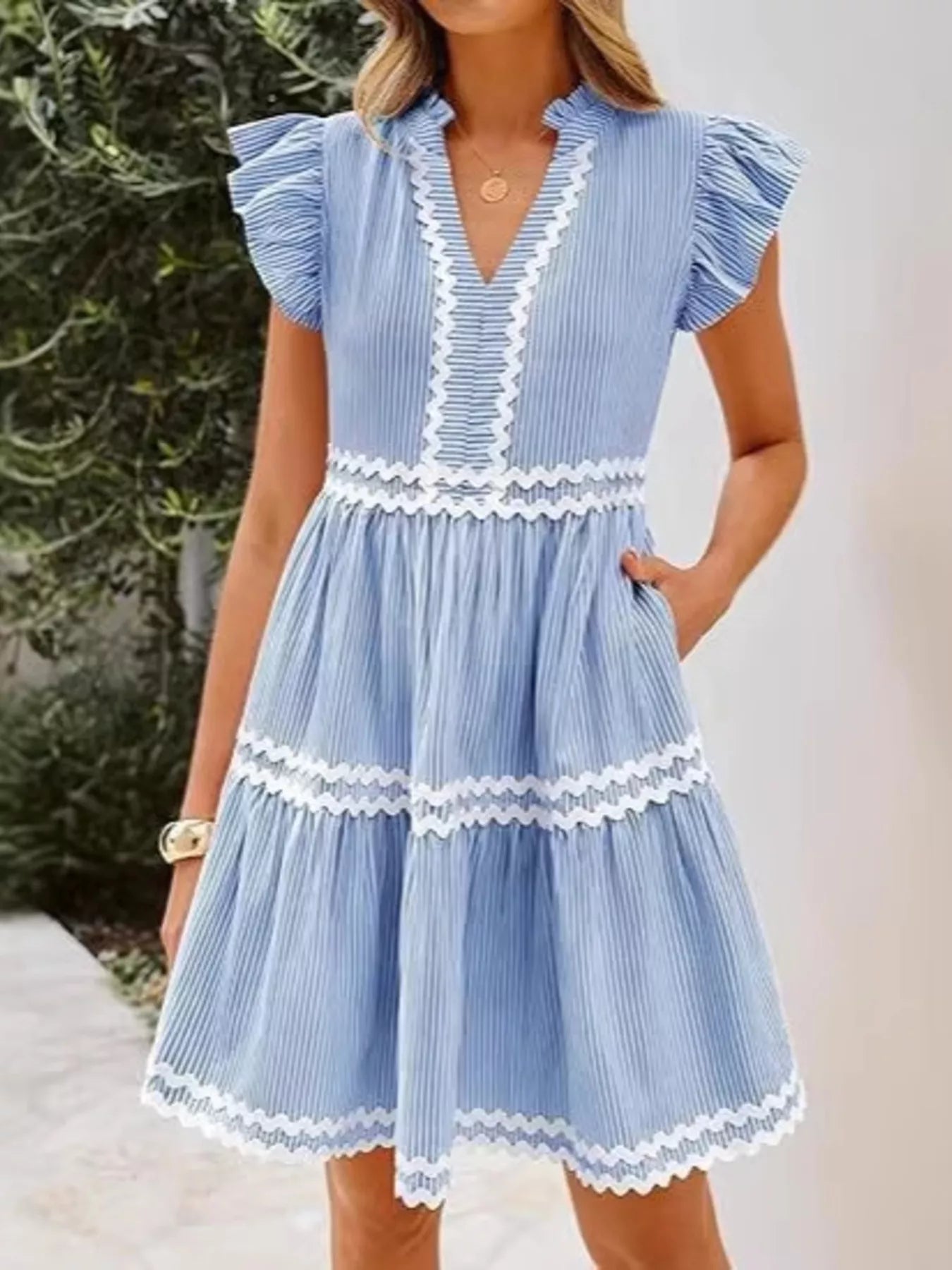 Striped Ruffle Sleeve Tiered Dress