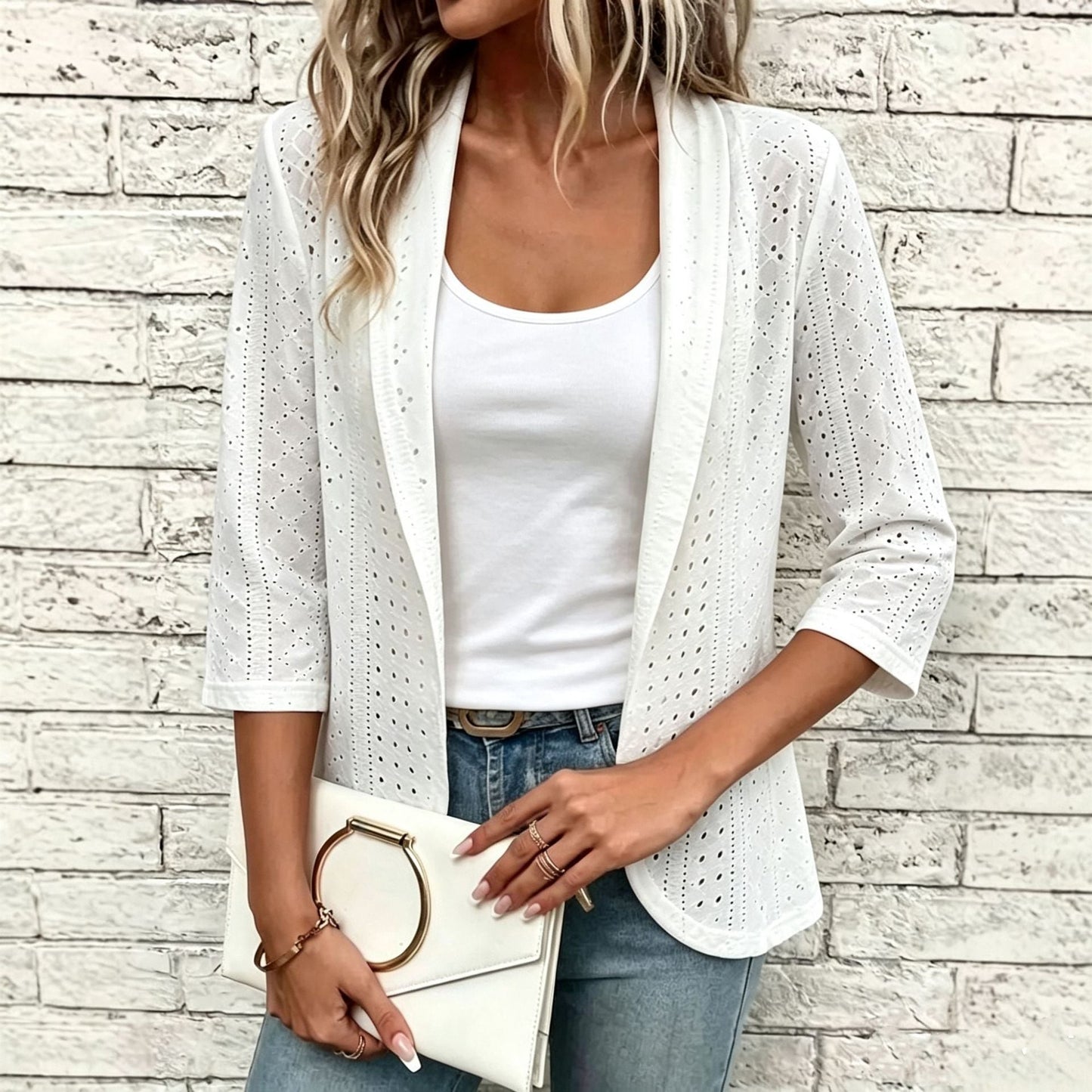 Women's Eyelet Hollow-Out Open-Front Blazer Jacket – 3/4 Sleeve