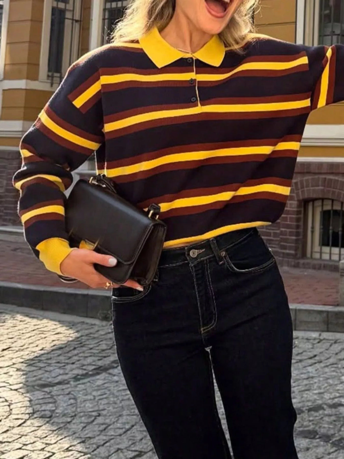 Striped Polo Collar Knit Sweater