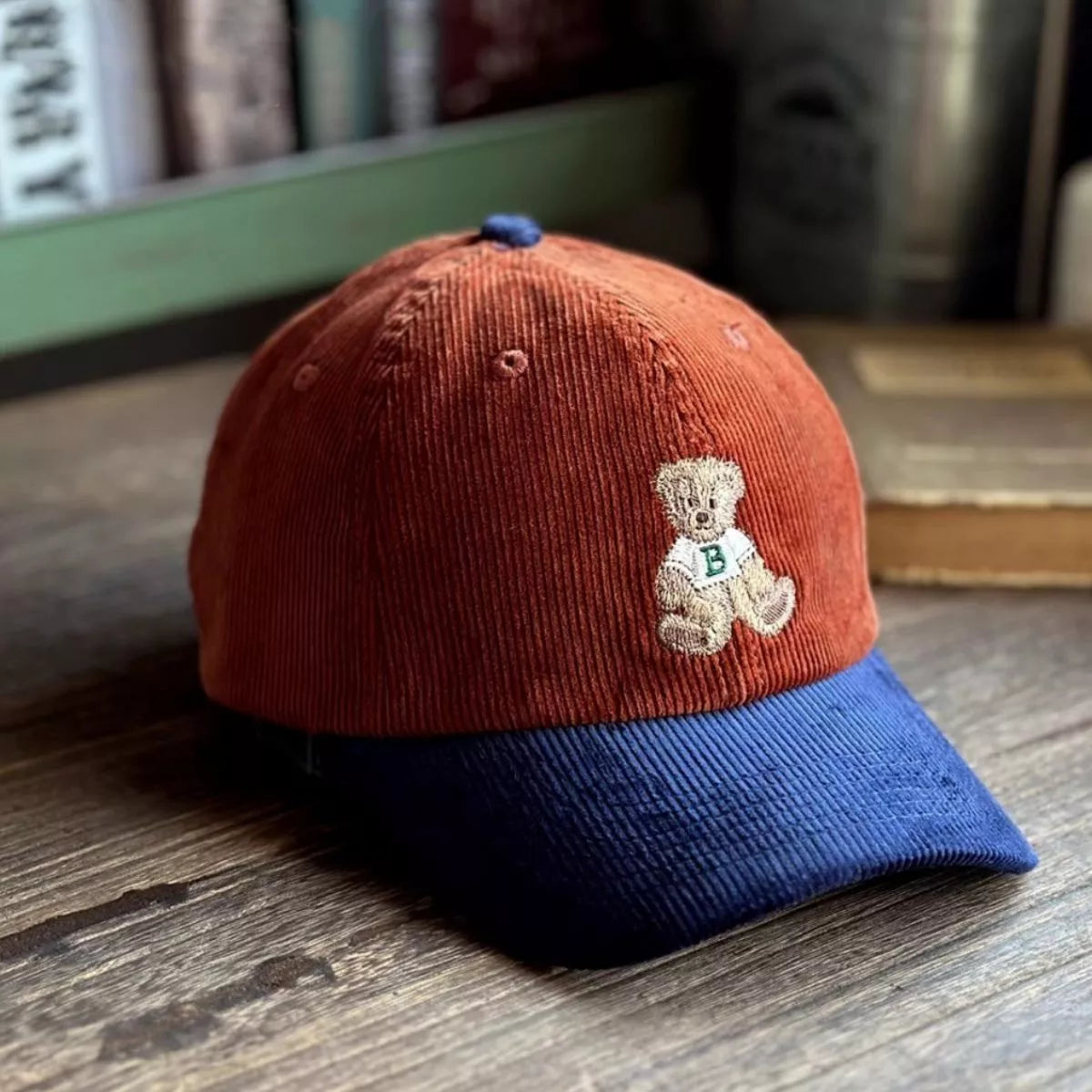Corduroy Baseball Cap with Embroidered Bear