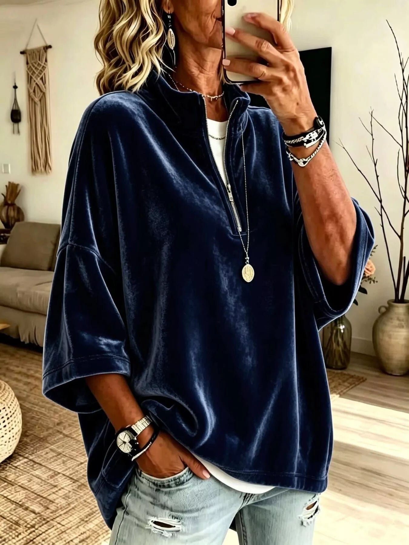 Full Size Velvet Quarter-Zip Sweatshirt Plus Size