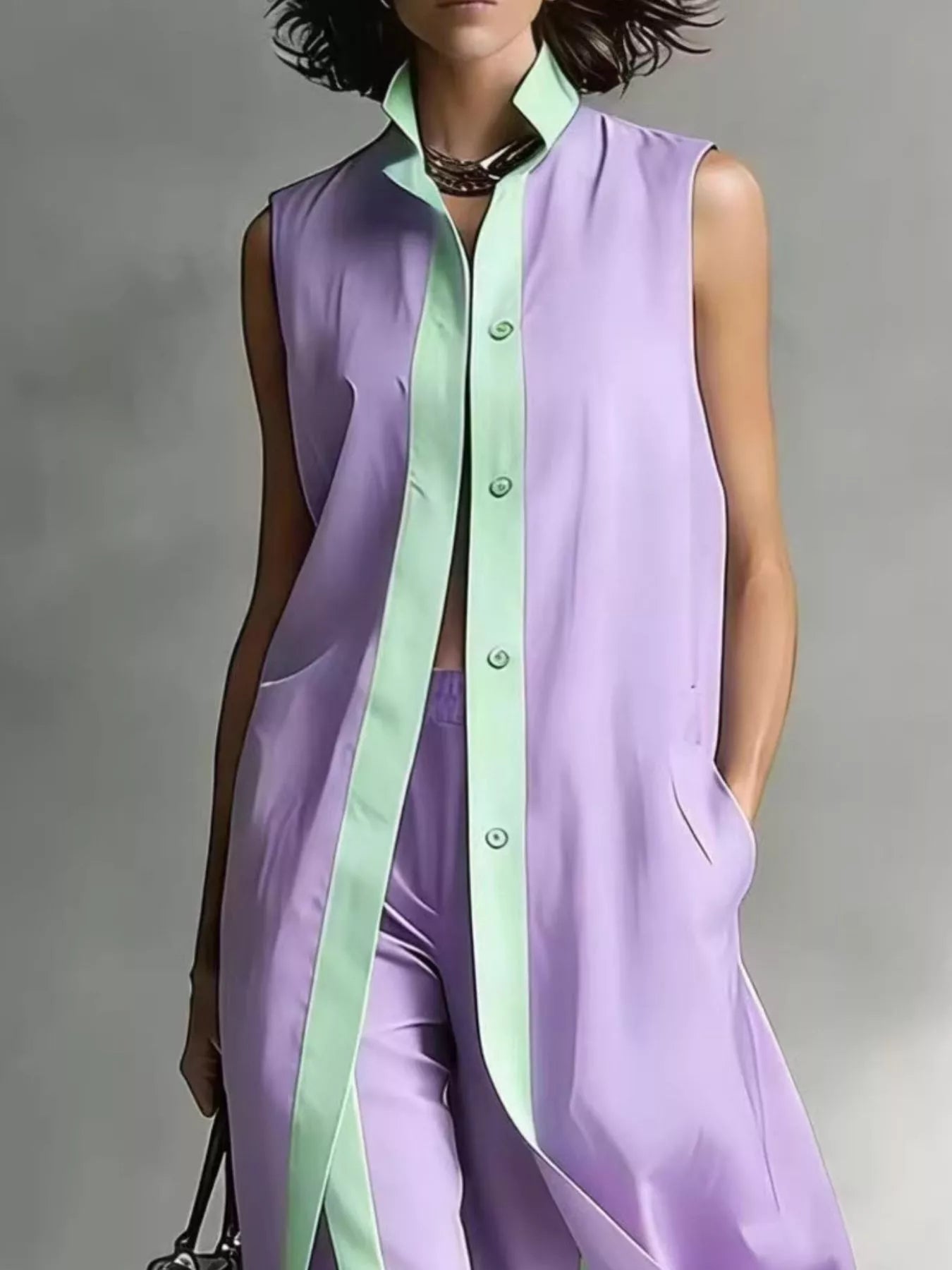 Full Size Sleeveless Longline Vest and Wide‑Leg Pants Set Plus Size