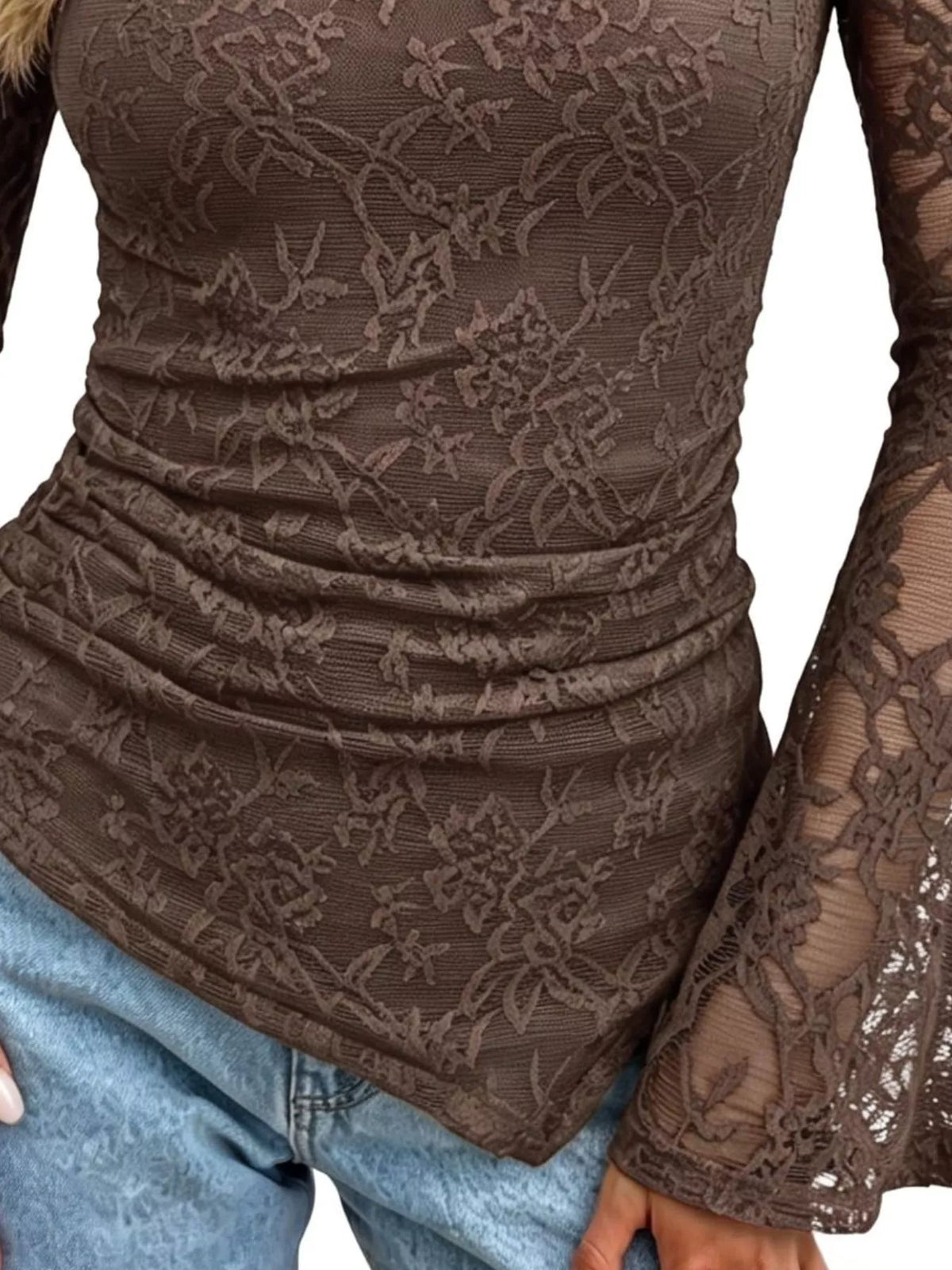 Floral Lace Long Sleeve Blouse with Flared Cuffs