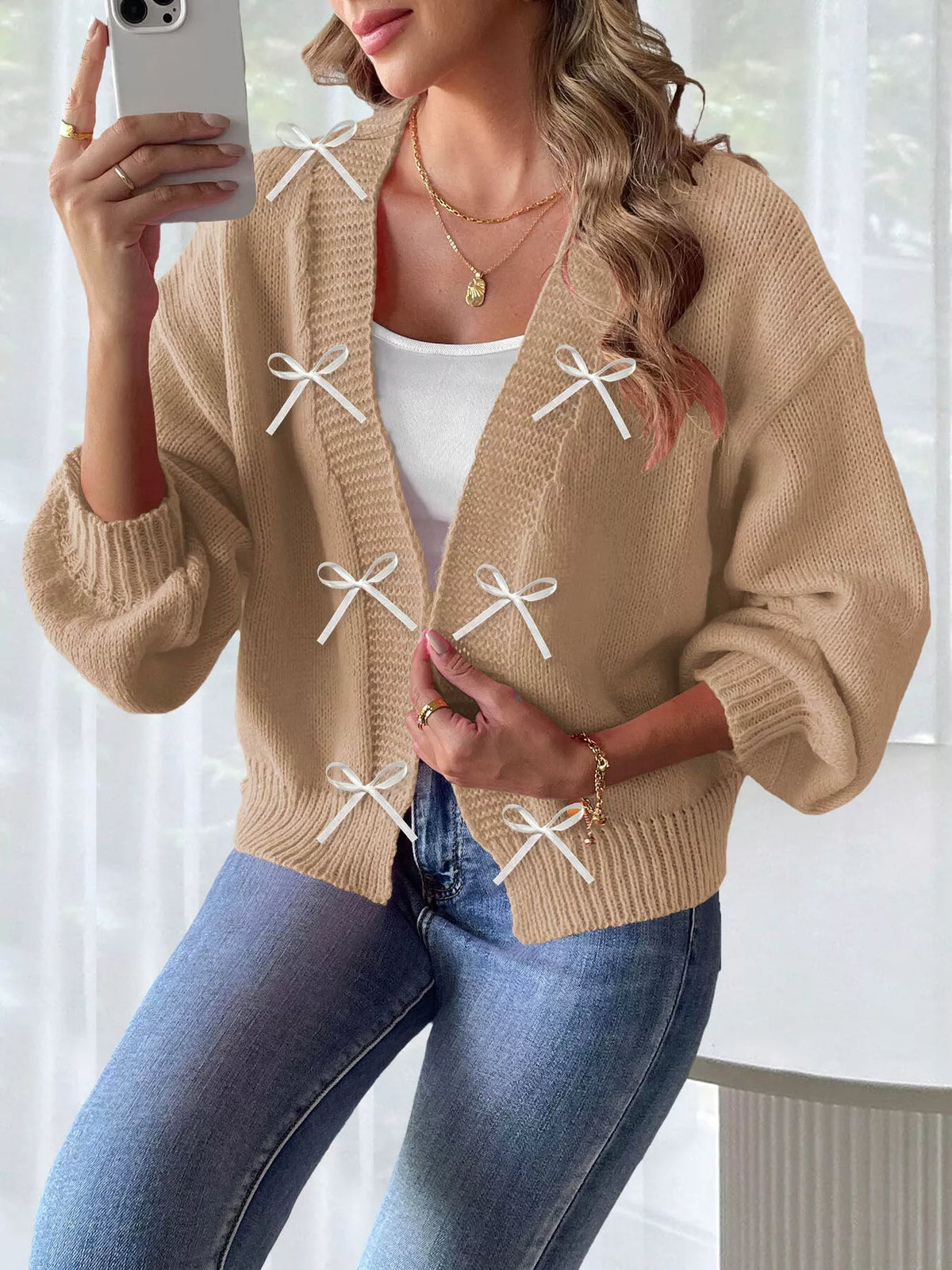 Bow-Tie Open Front Knit Cardigan
