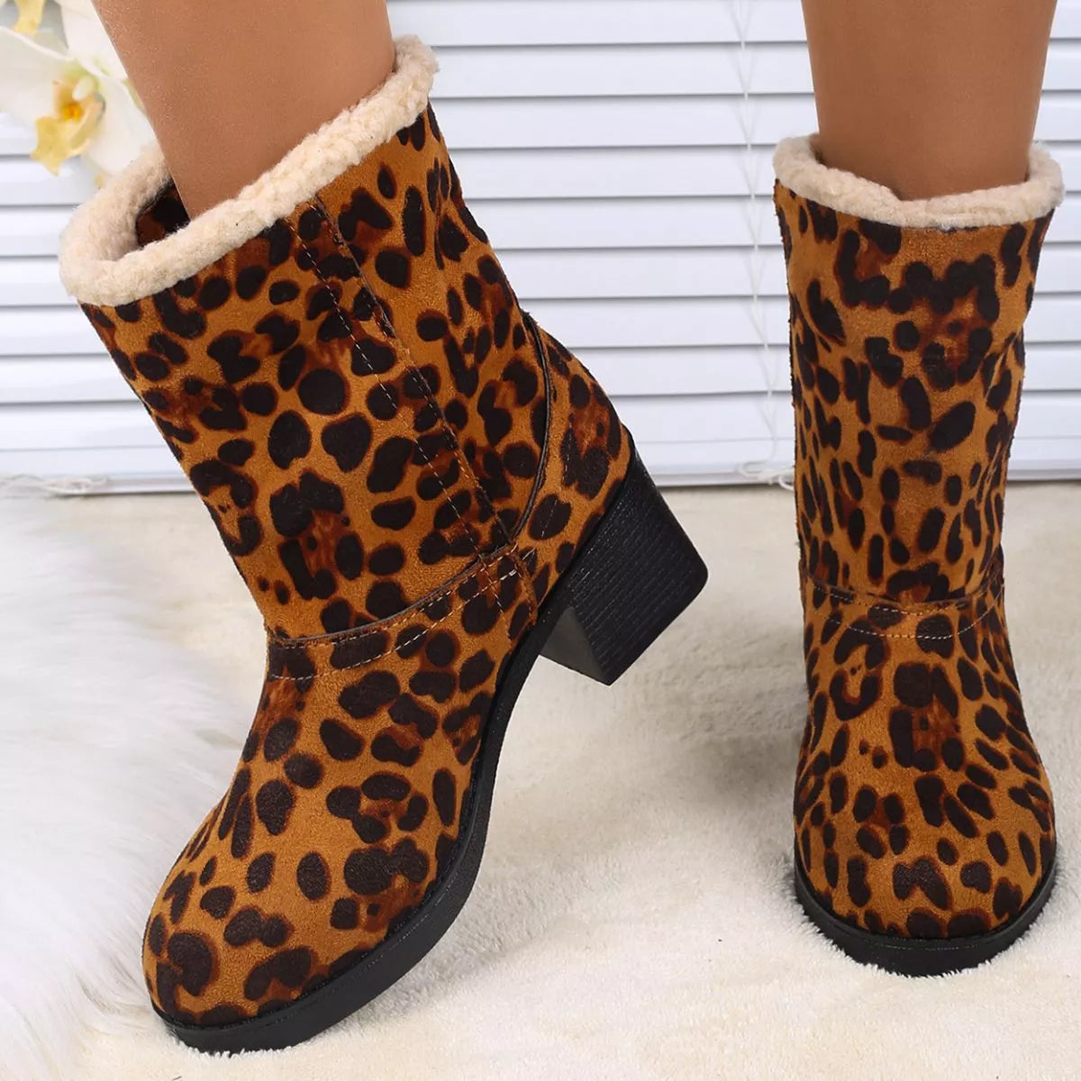 Plush Cuff Block Heel Boots