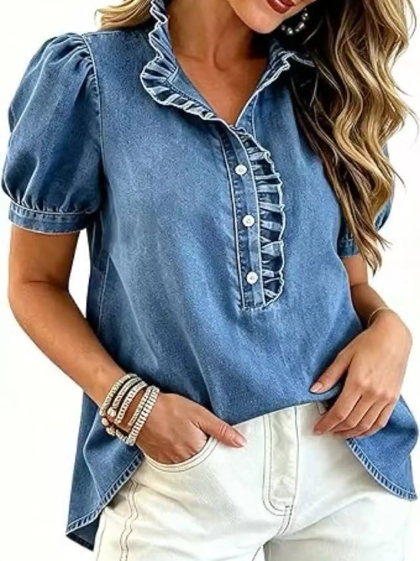 Frill Puff Sleeve Denim Top