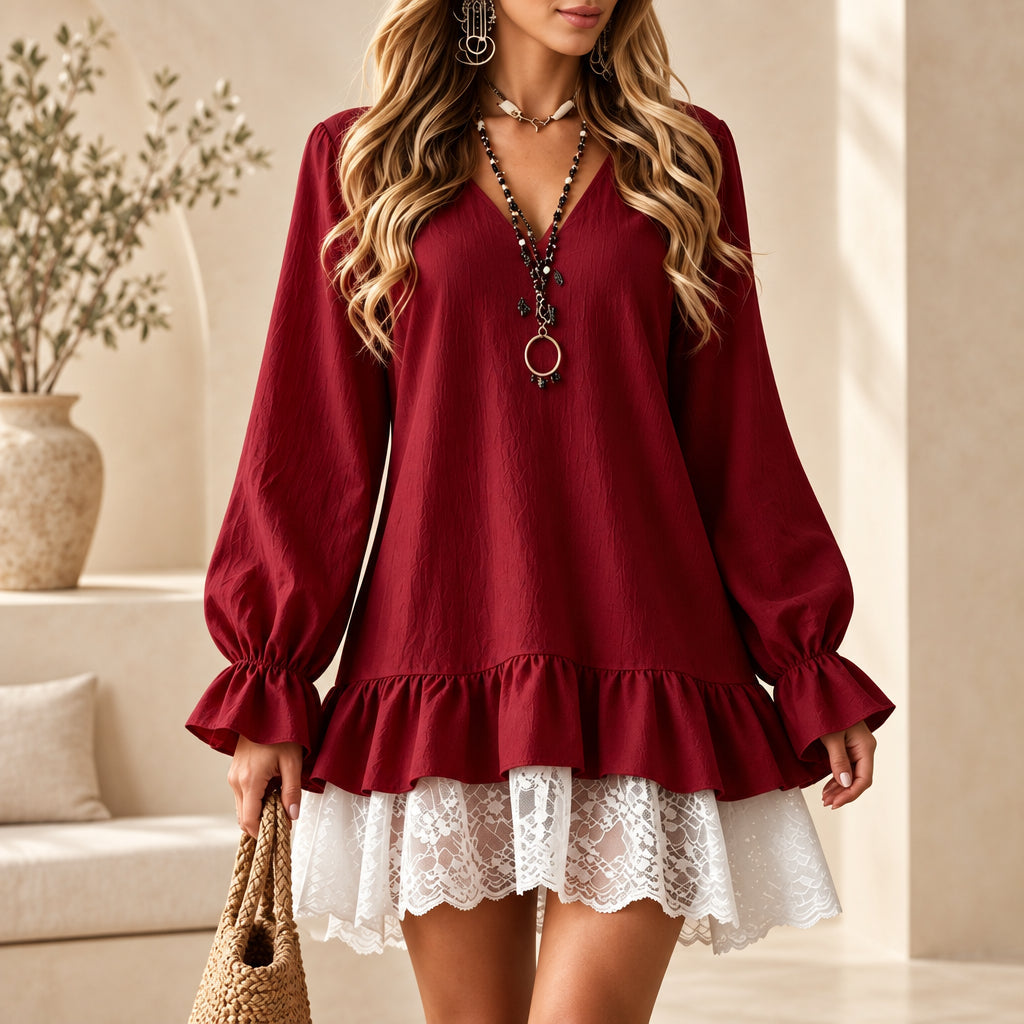 Women's Ruffled V-Neck Lace Hem Mini Dress with Lantern Sleeves