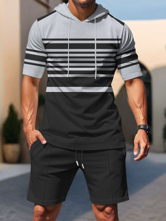 Men's Full Size Striped Short Sleeve Hoodie and Shorts Set Plus Size