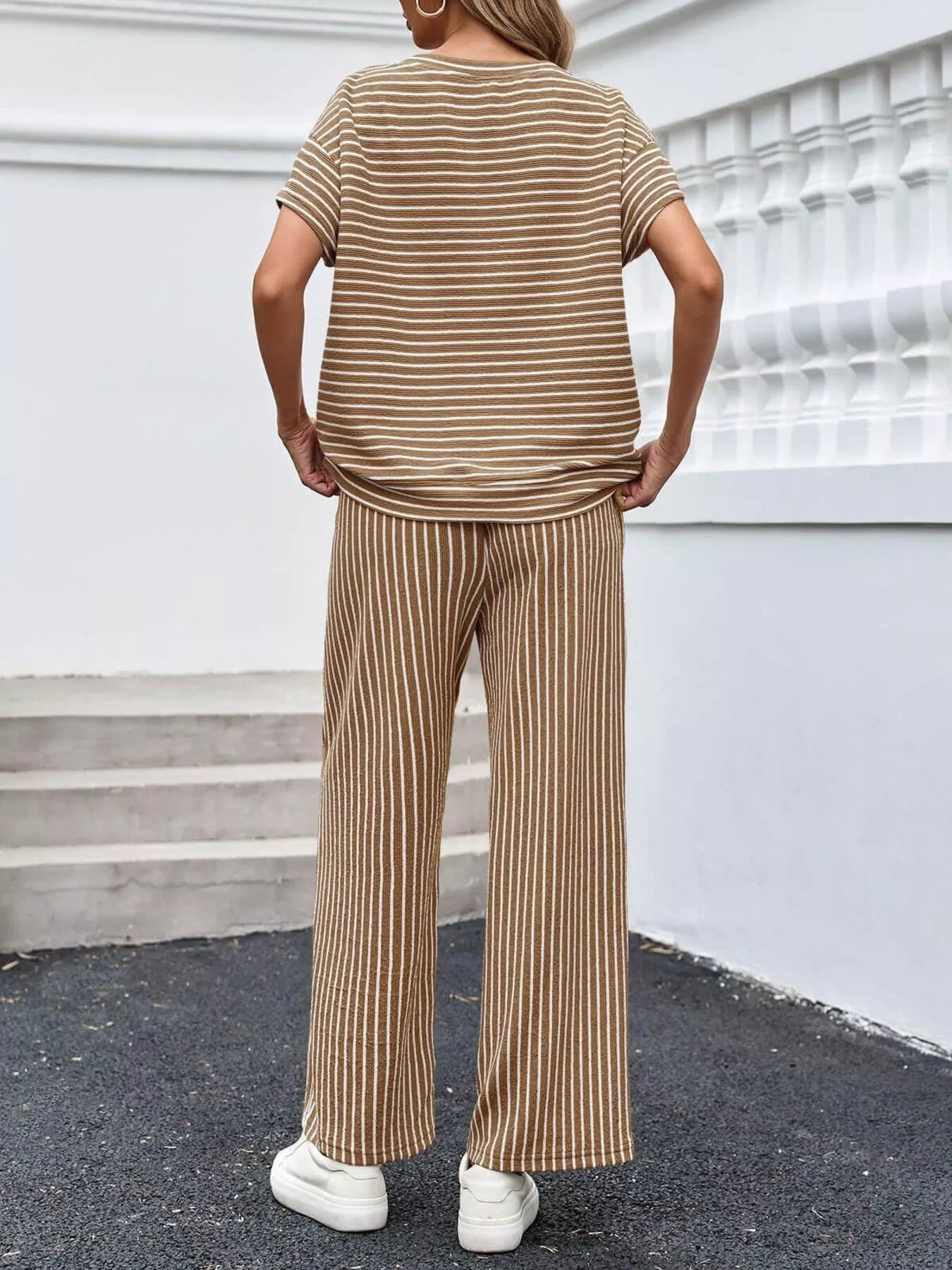 Casual Striped Short Sleeve Top and Wide Leg Pants Two-Piece Set