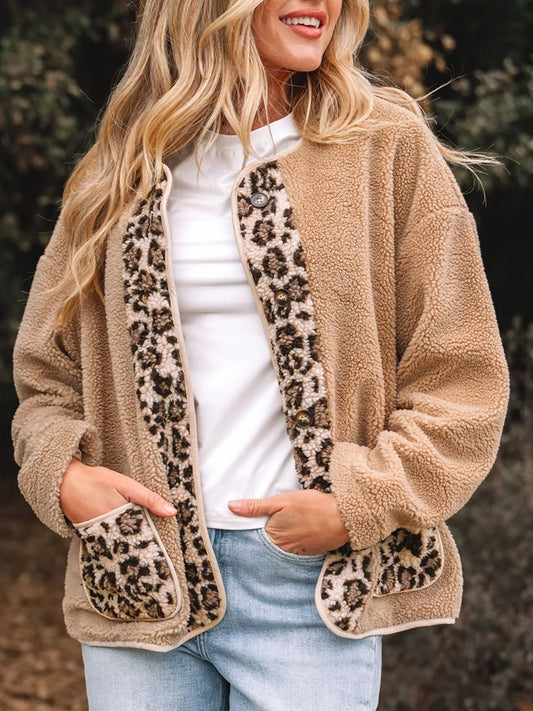 Casual Leopard Print Accent Plush Jacket with Pockets