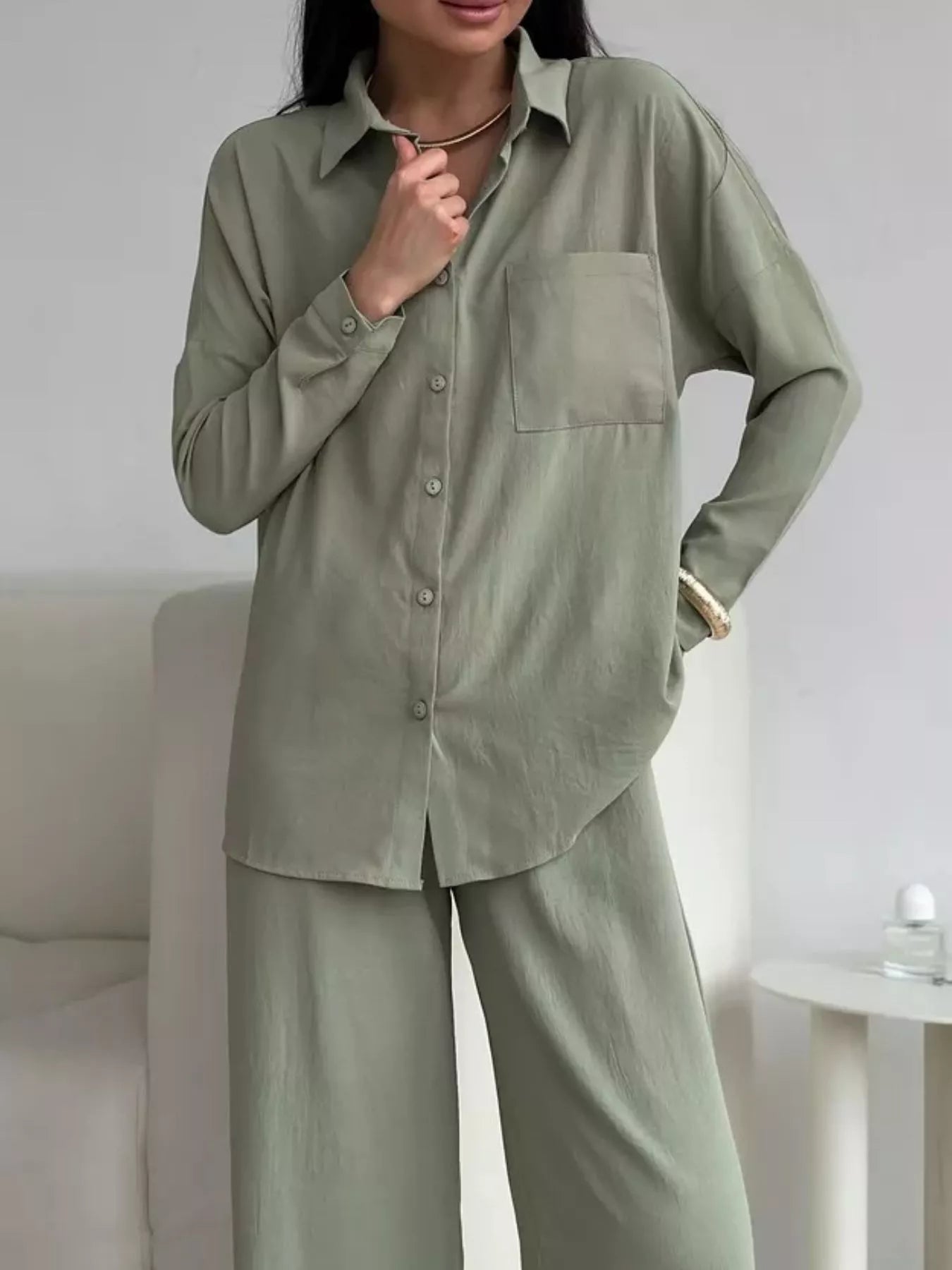 Relaxed Fit Shirt and Wide Leg Pants Set