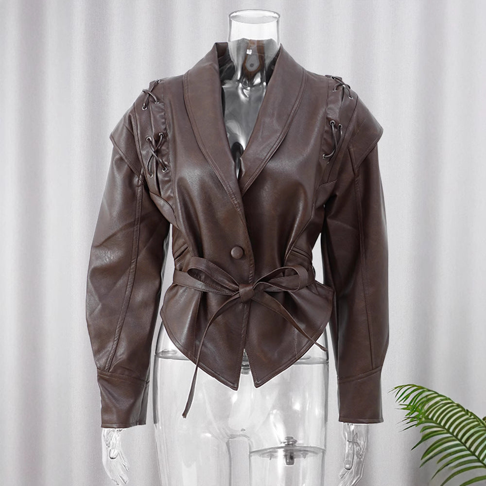 PU Leather Strap-Up Short Jacket – V-Neck Long Sleeve Streetwear
