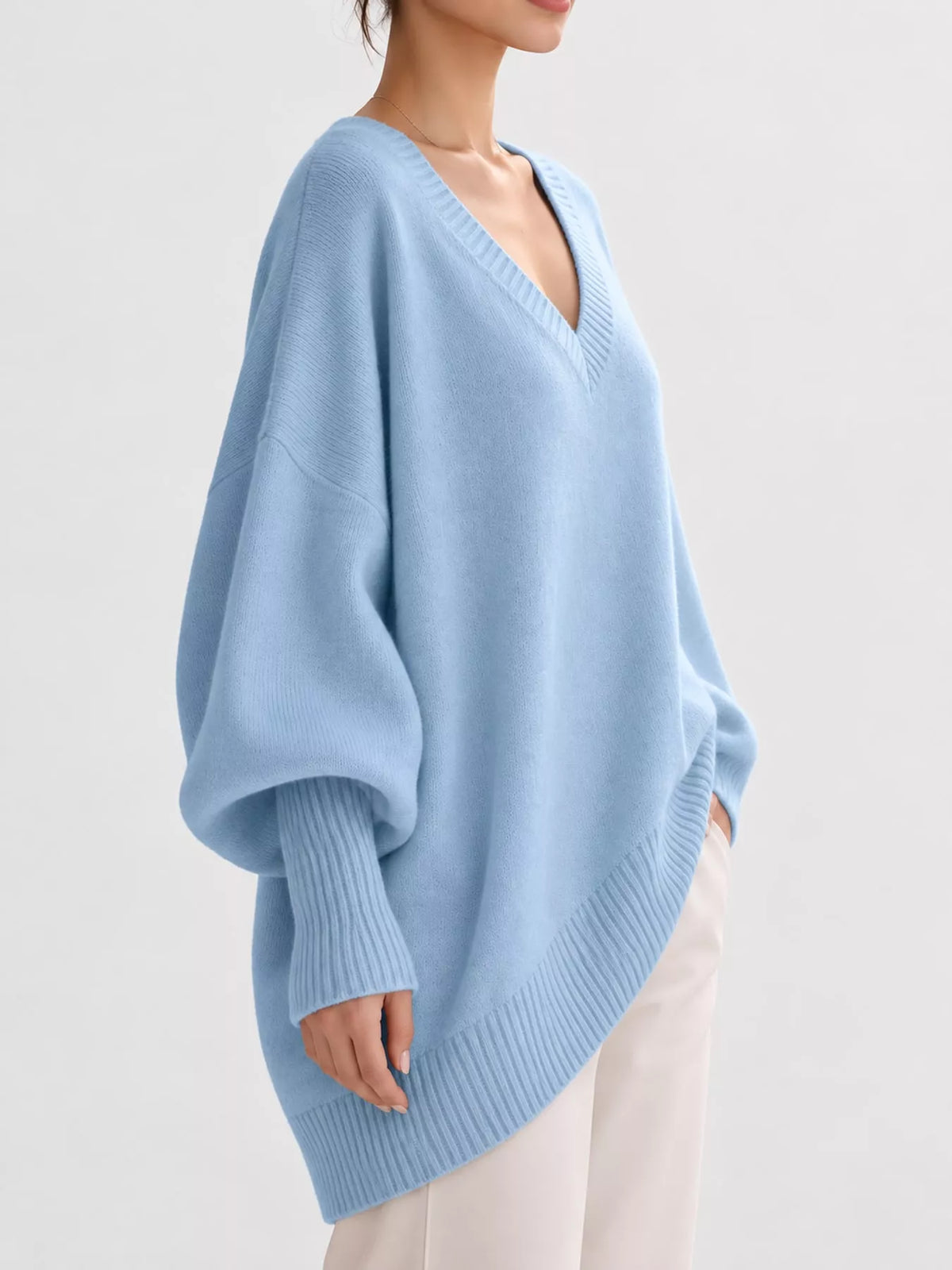 Full Size V-Neck Oversized Batwing Sleeve Sweater Plus Size