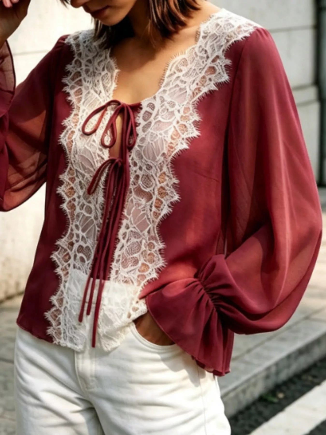 Sheer Lace-Trimmed Front Tie Blouse