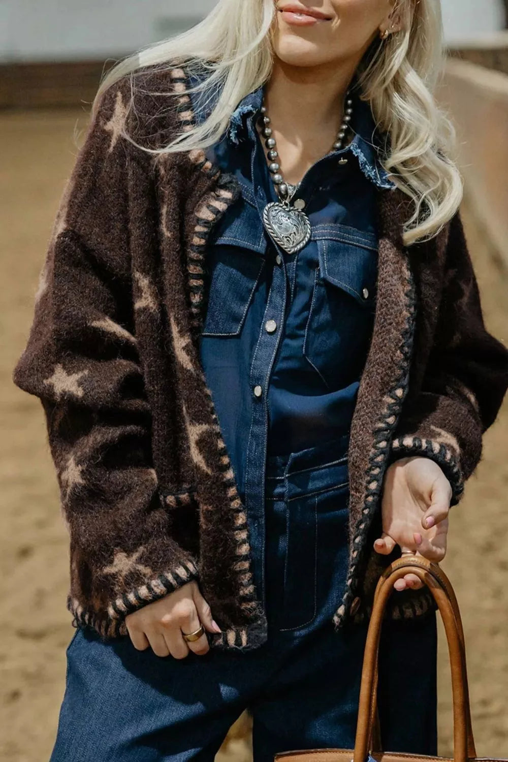 Stars Pattern Colorblock Long Sleeve Shift Cardigan