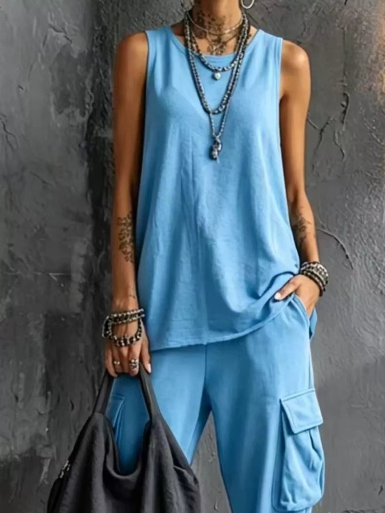 Full Size Casual Tank and Cargo Pants Set Plus Size