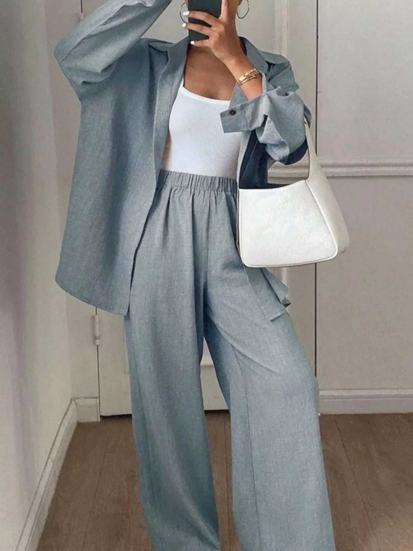 Button Up Long Sleeve Shirt and Wide Leg Pants Set