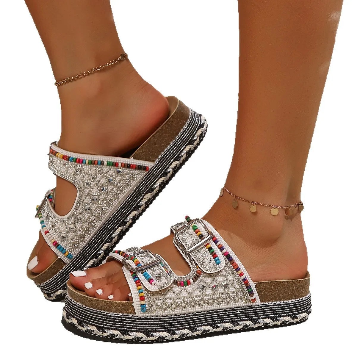 Beaded Buckle Platform Sandals