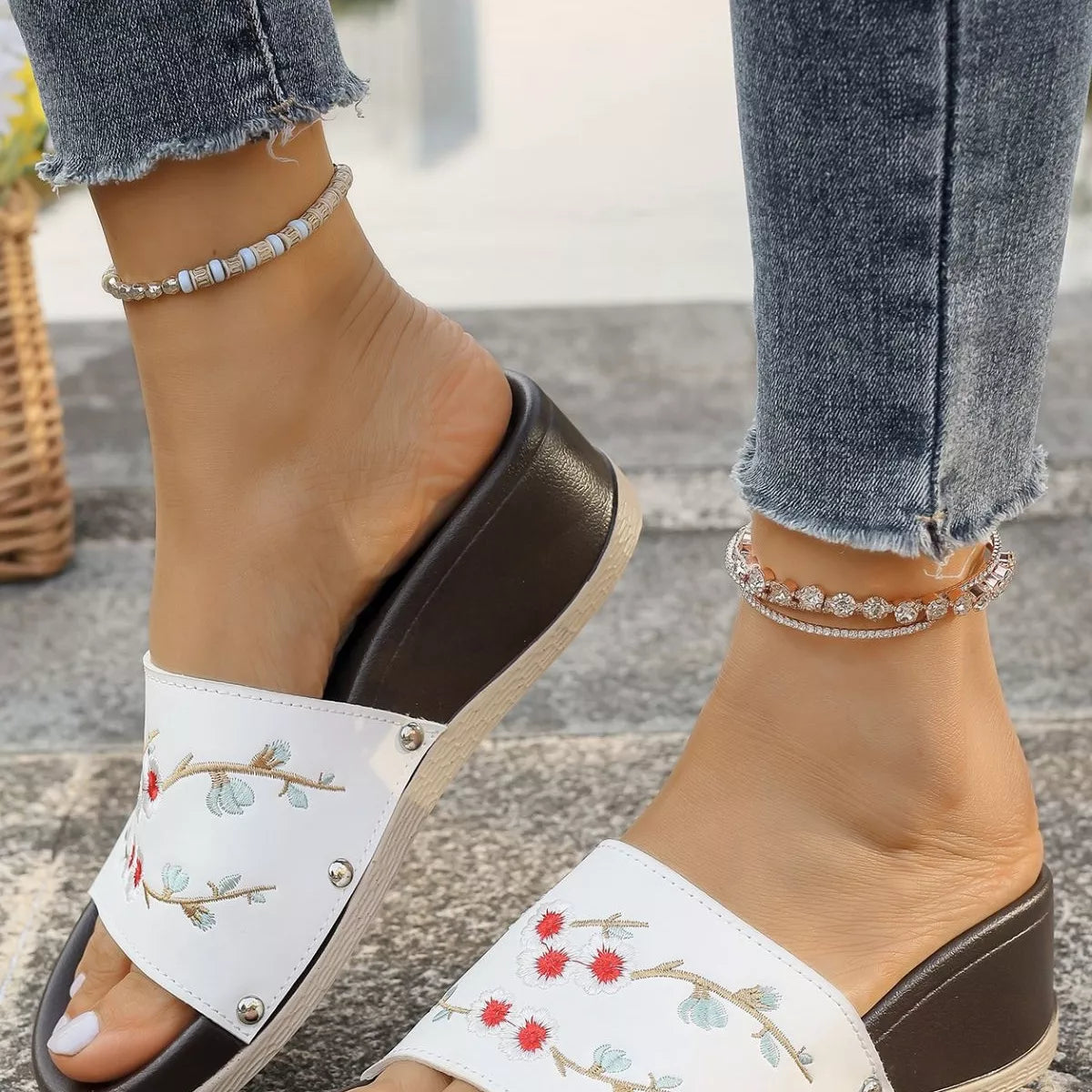 Floral Embroidered Wedge Sandals