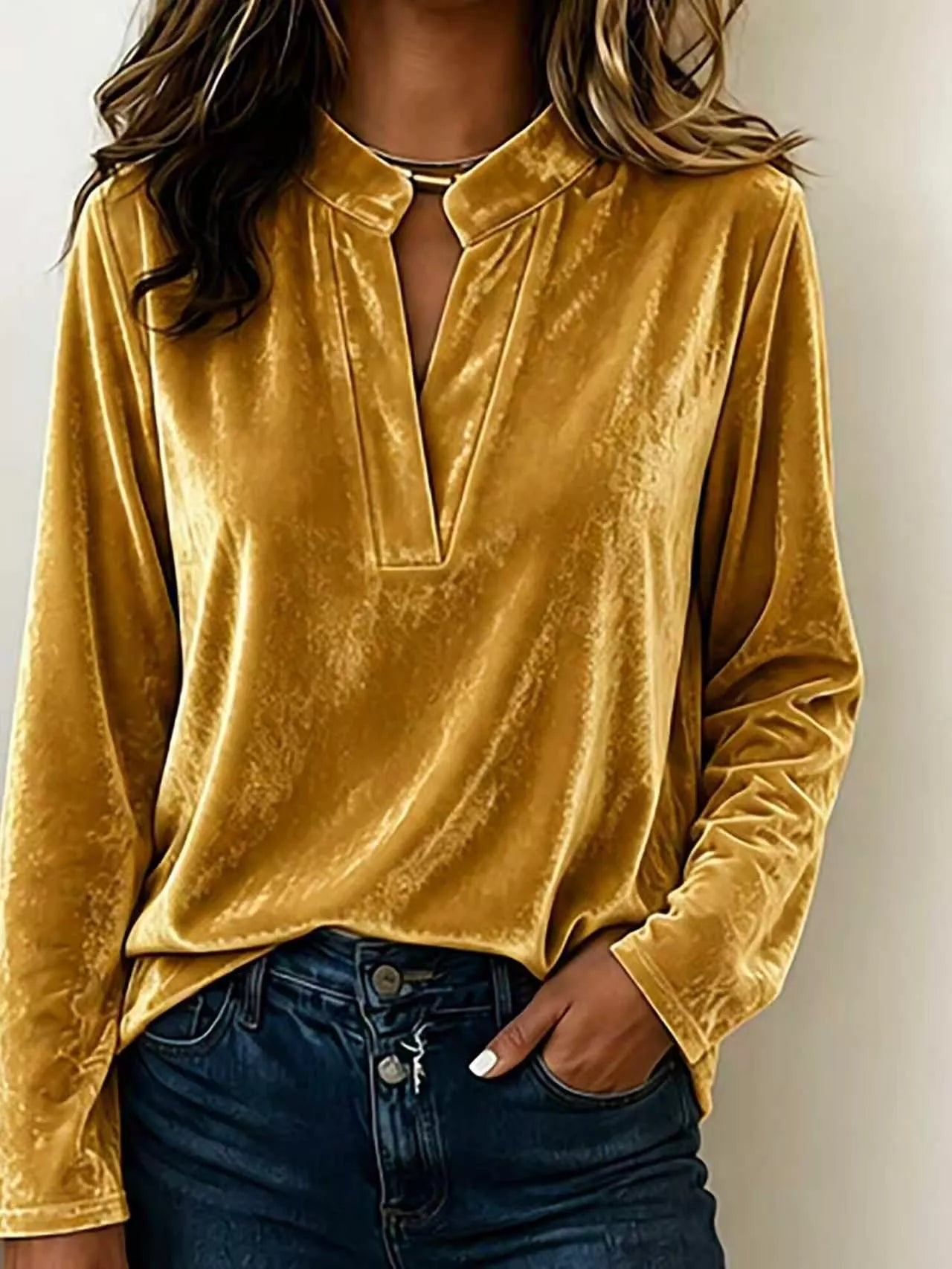 Full Size Velvet Notched Long Sleeve Blouse Plus Size