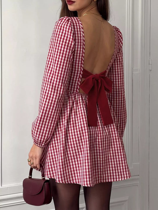 Backless Plaid Long Sleeve Dress