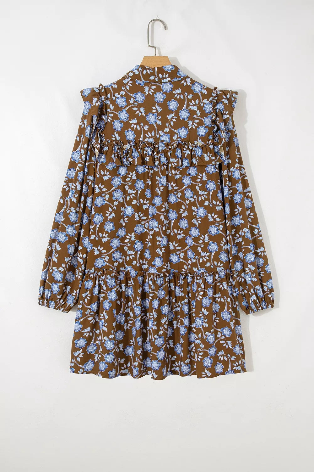 Floral Print Ruffled Detail Shirt Collar Button Down Long Sleeve Dress