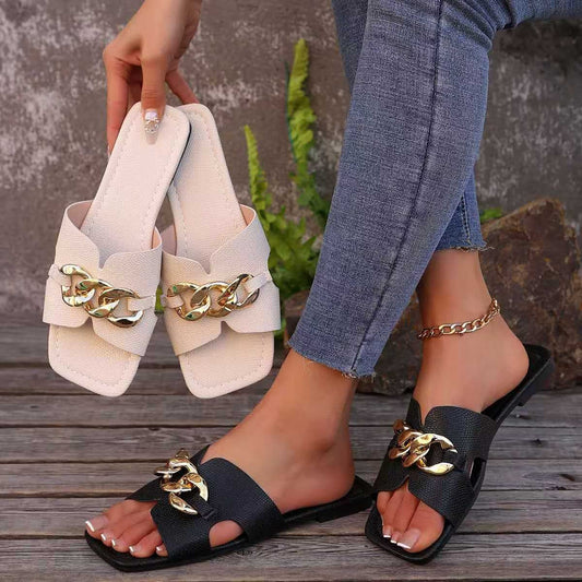 Chain Embellished Slide Sandals