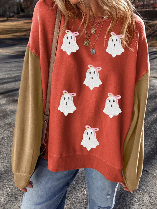 Halloween Glitter Ghost Patched Pattern Color Block Sweatshirt