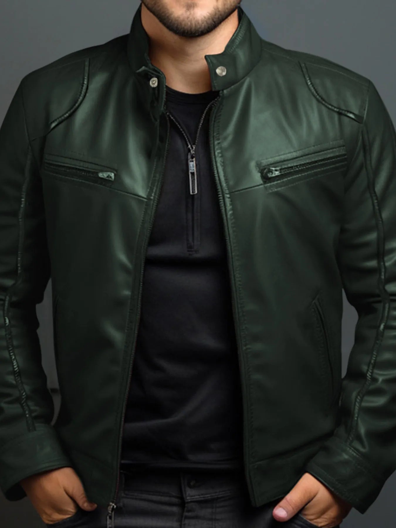 Men's Full Size Leather Motorcycle Jacket with Zipper Front Plus Size