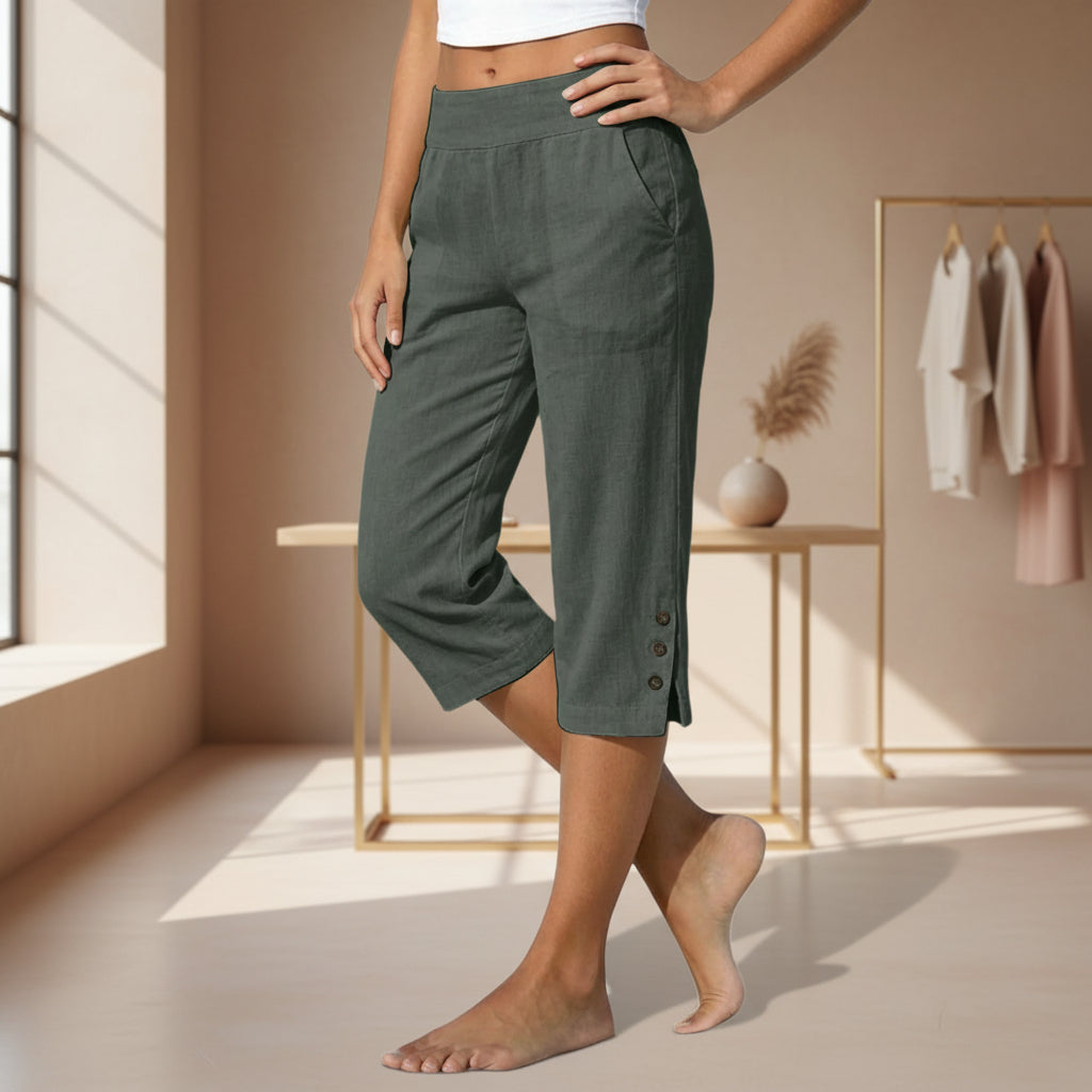Women's High-Waist Cropped Straight-Leg Pants – Button Detail Slit Front