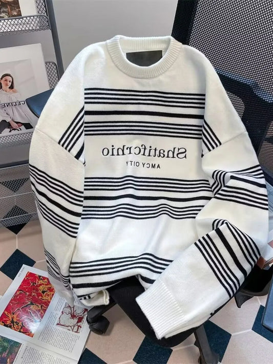 Men's Full Size Striped Pattern Round Neck Sweater Plus Size