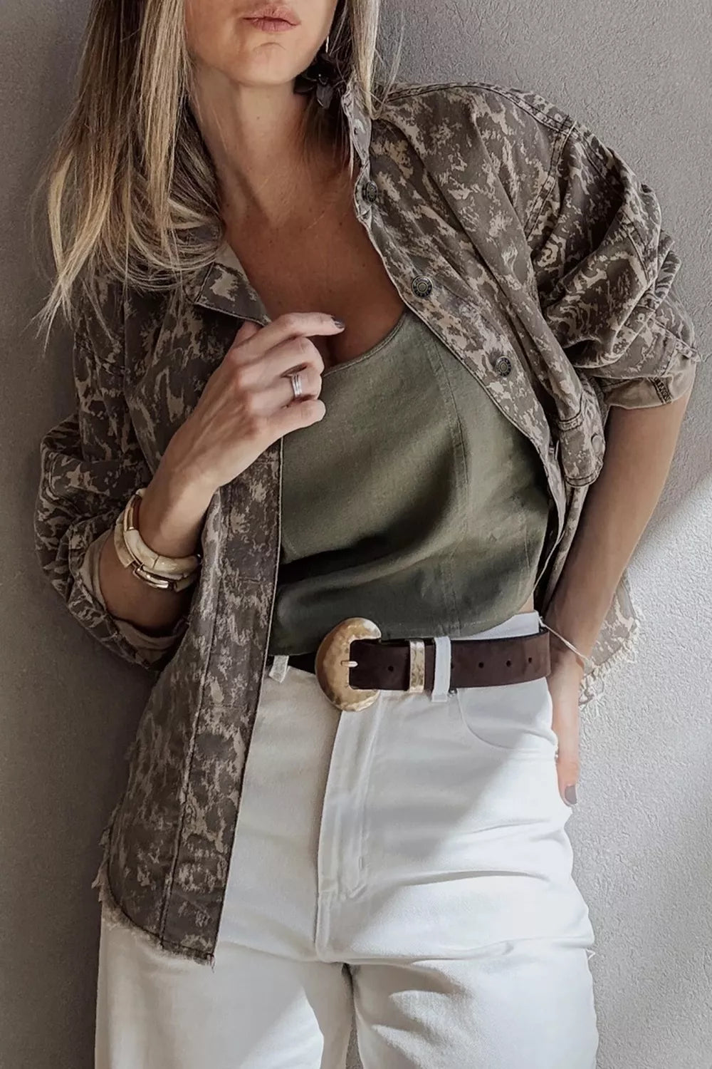 Abstract Print Long Sleeve Collar Raw Hem Denim Jacket