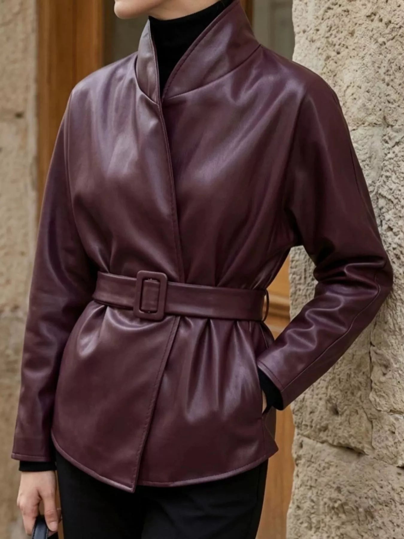 Faux Leather Belted Jacket