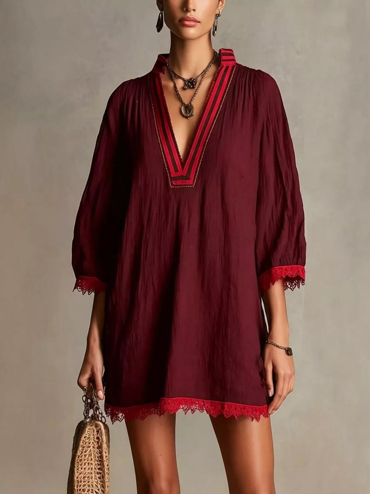 Lace Trim Notched Mini Dress