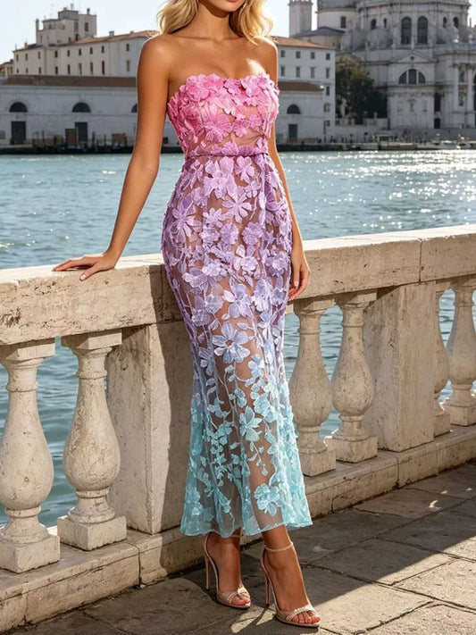 Floral Embroidered Tube Maxi Dress
