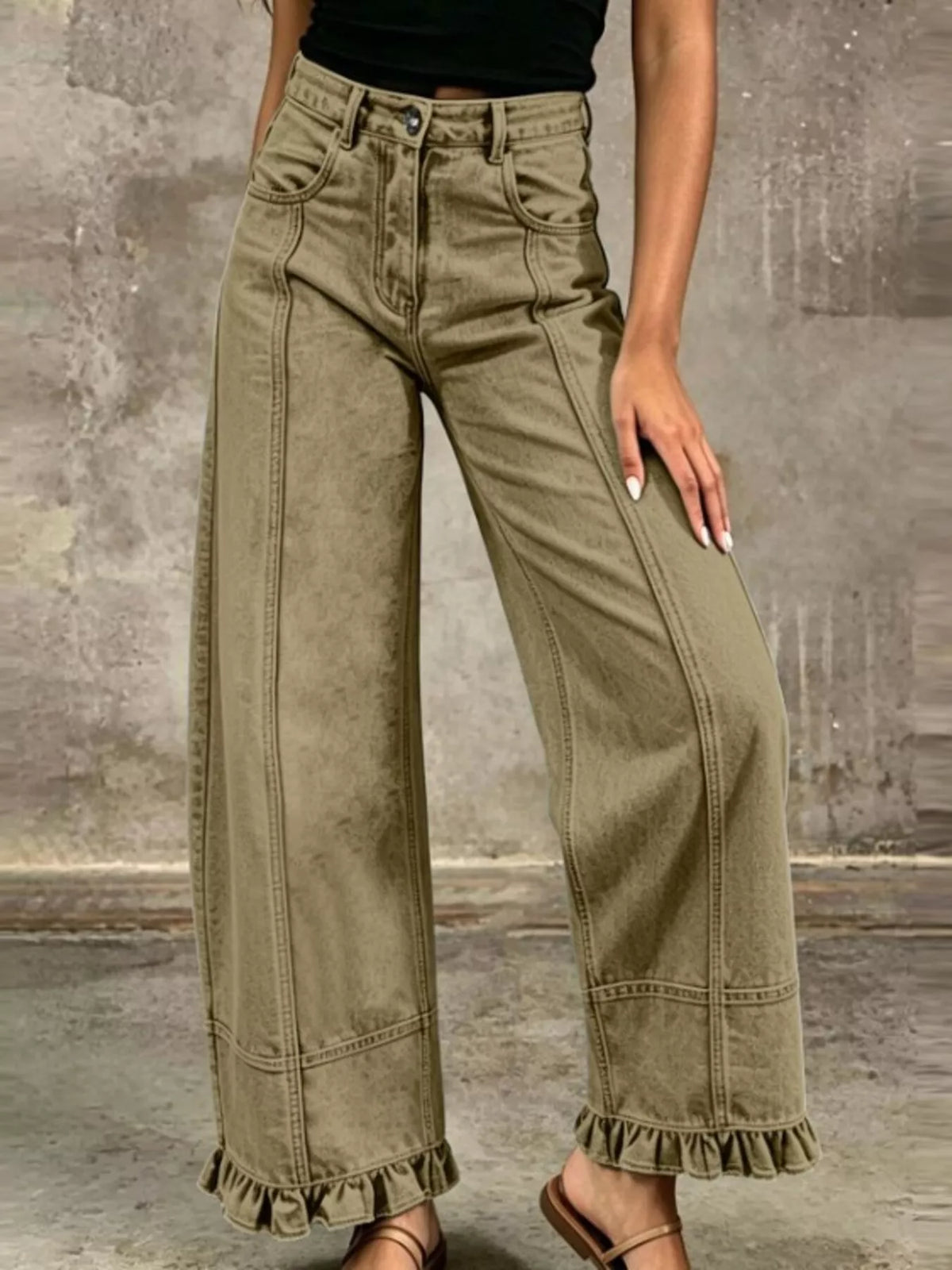 Full Size High-Waisted Wide-Leg Ruffle Hem Jeans Plus Size