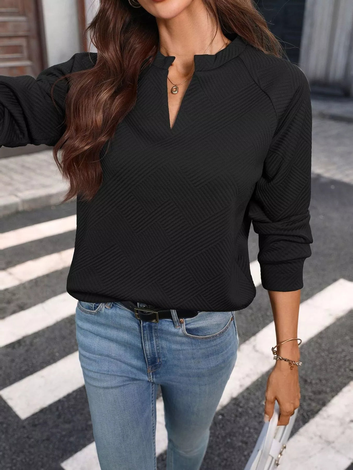 Textured Notched Long Sleeve Sweatshirt
