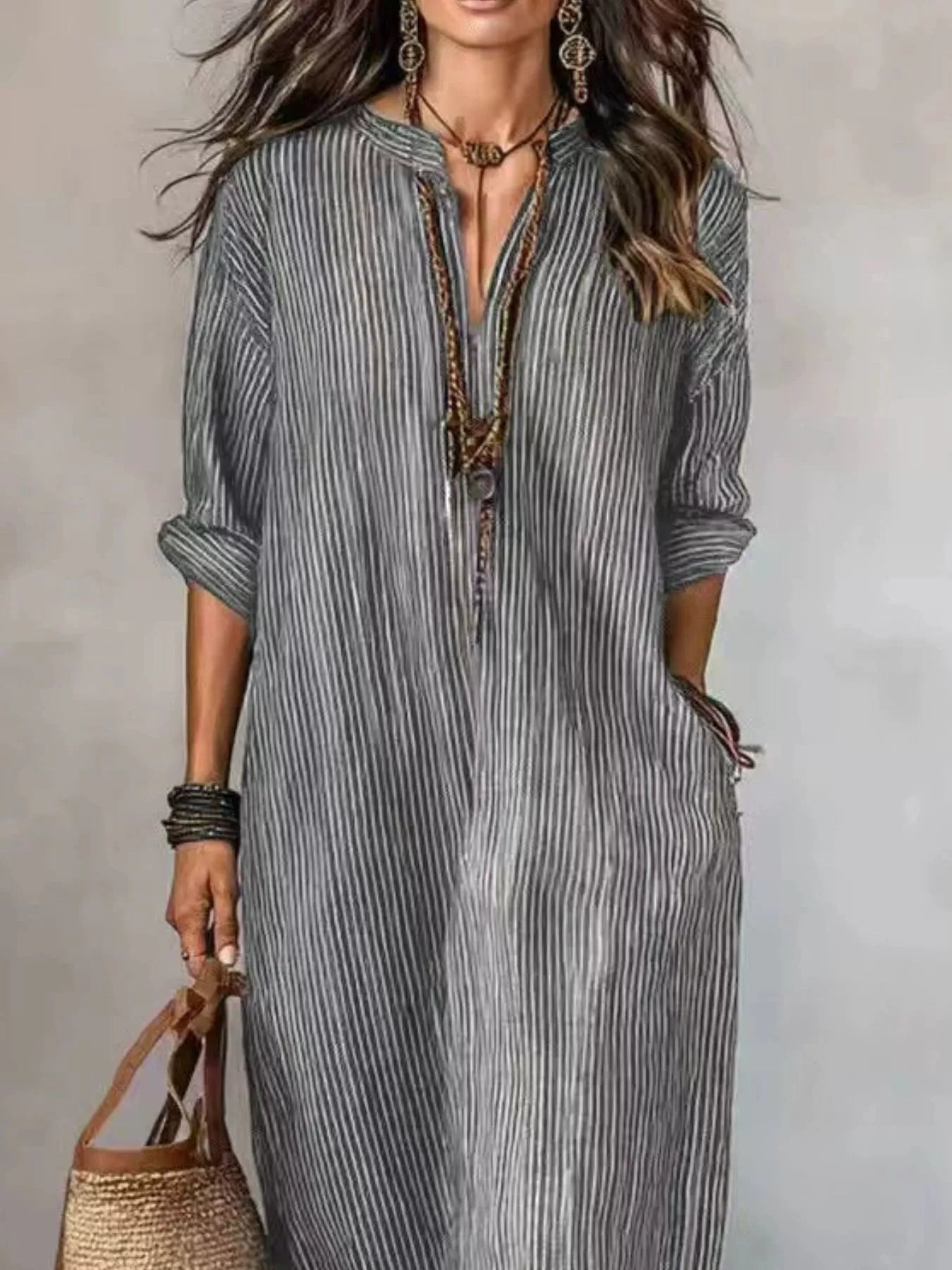 Full Size Striped Notched Maxi Dress with Pockets Plus Size