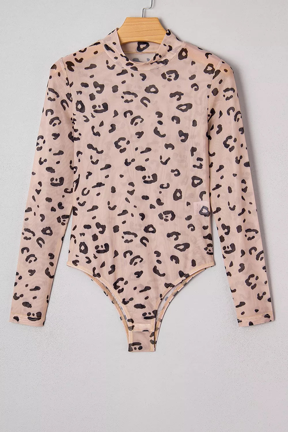 Mock Neck Sheer Mesh Leopard Long Sleeve Bodysuit