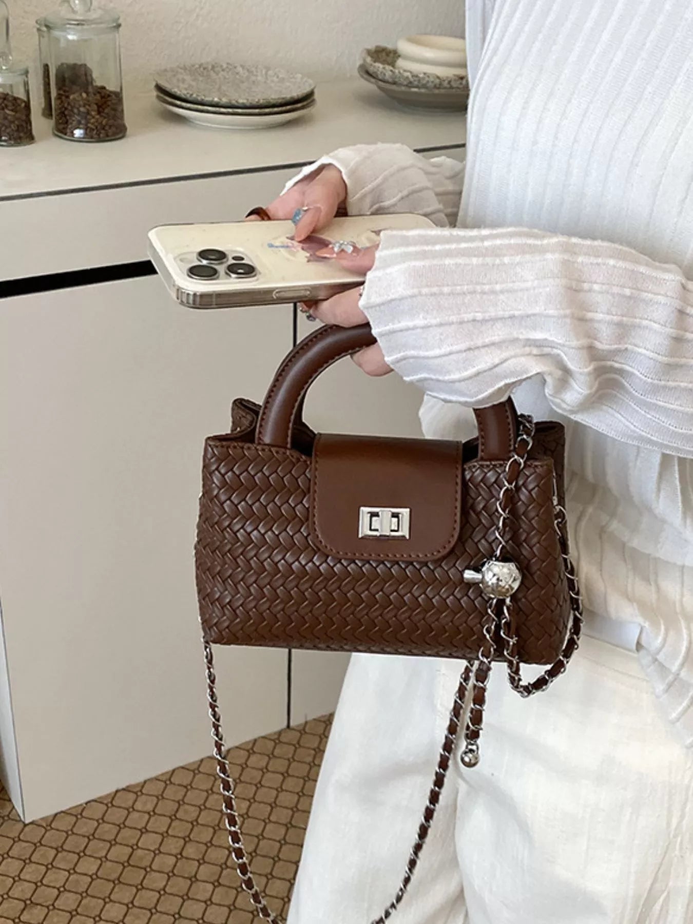 Woven Texture Crossbody Bag with Chain Strap