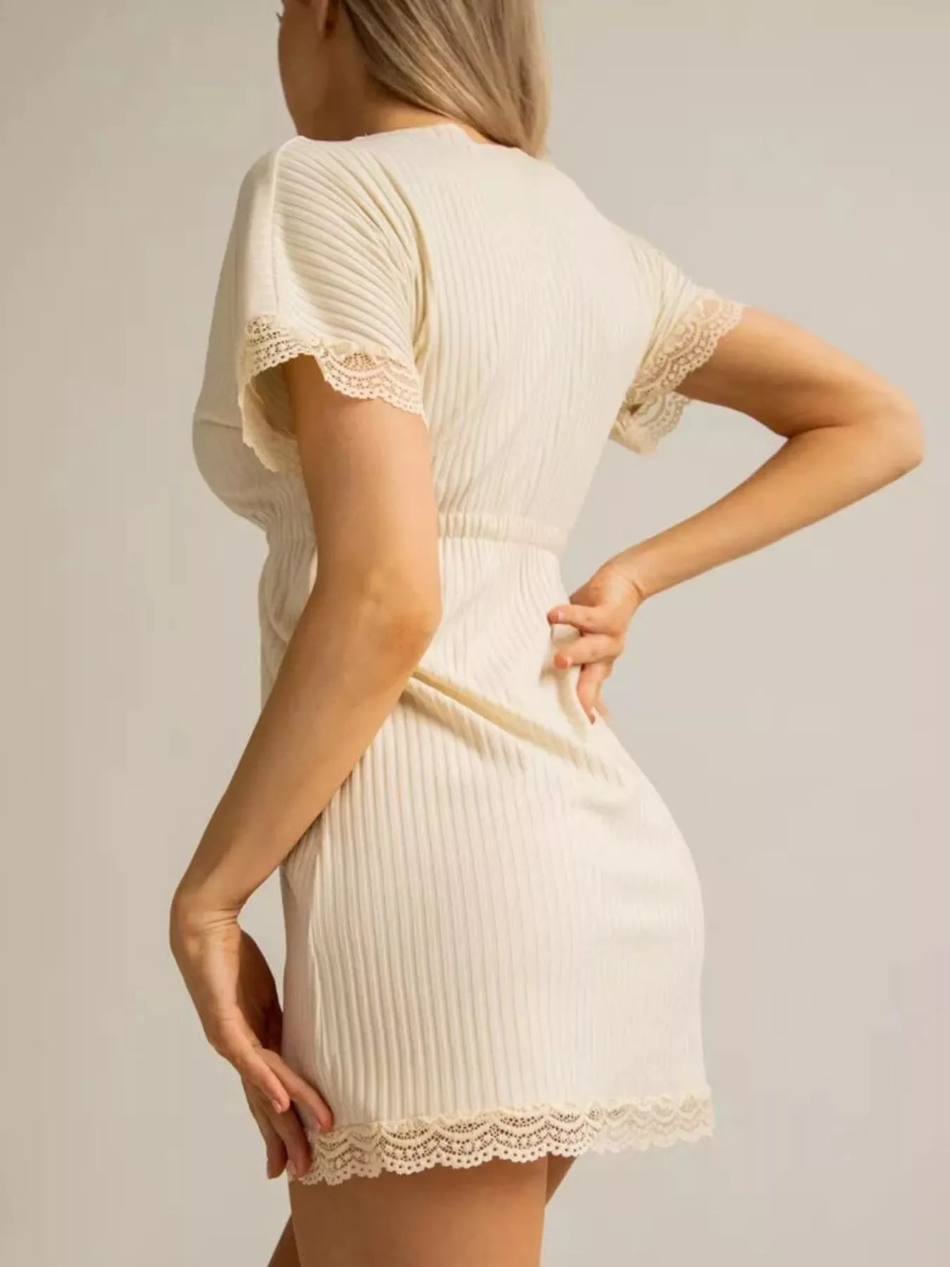 Full Size Ribbed Lace-Trim V-Neck Mini Dress Plus Size