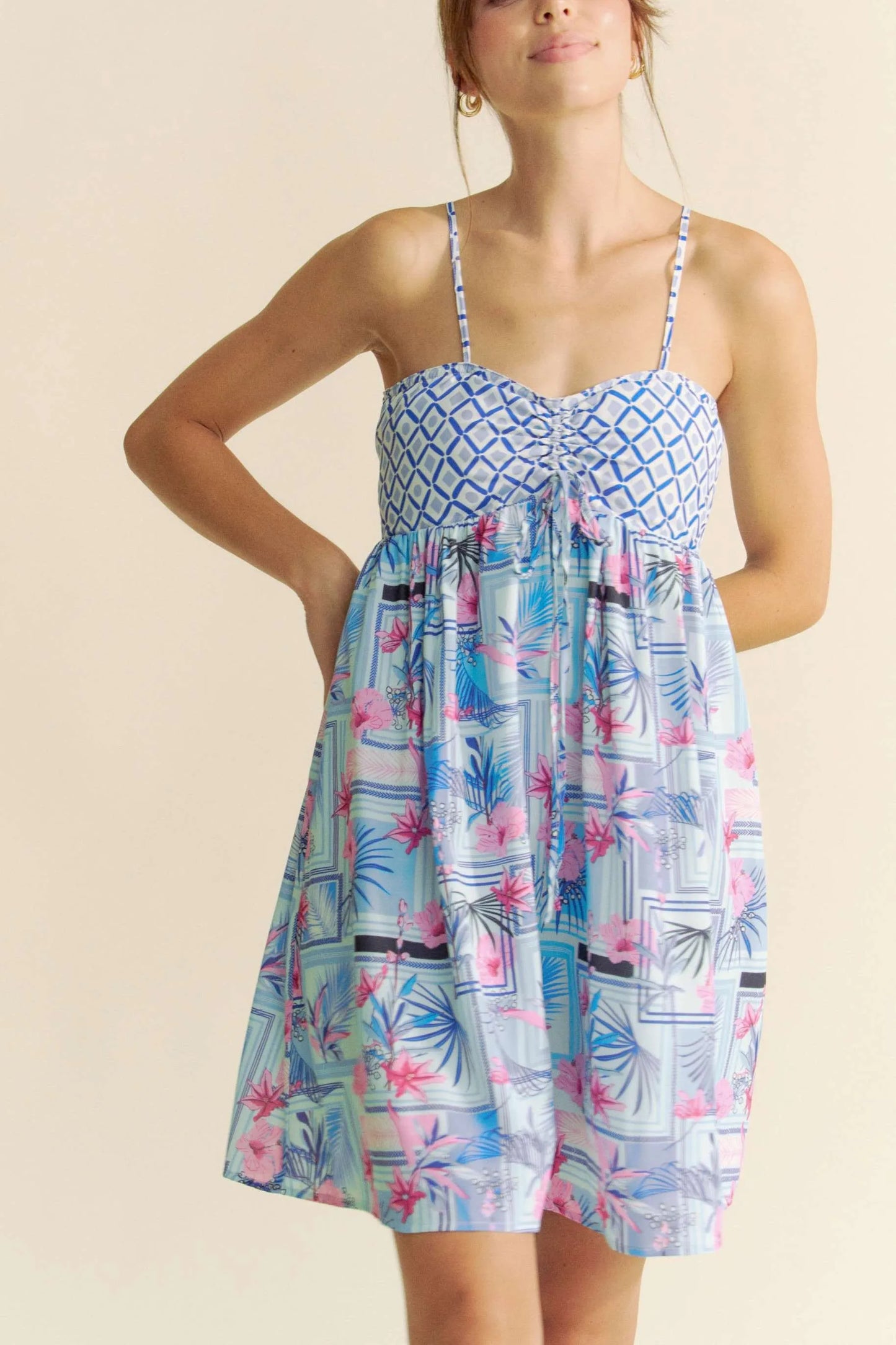 Davi & Dani Tropical Floral Geo Print Tie Back Tube Top Romper