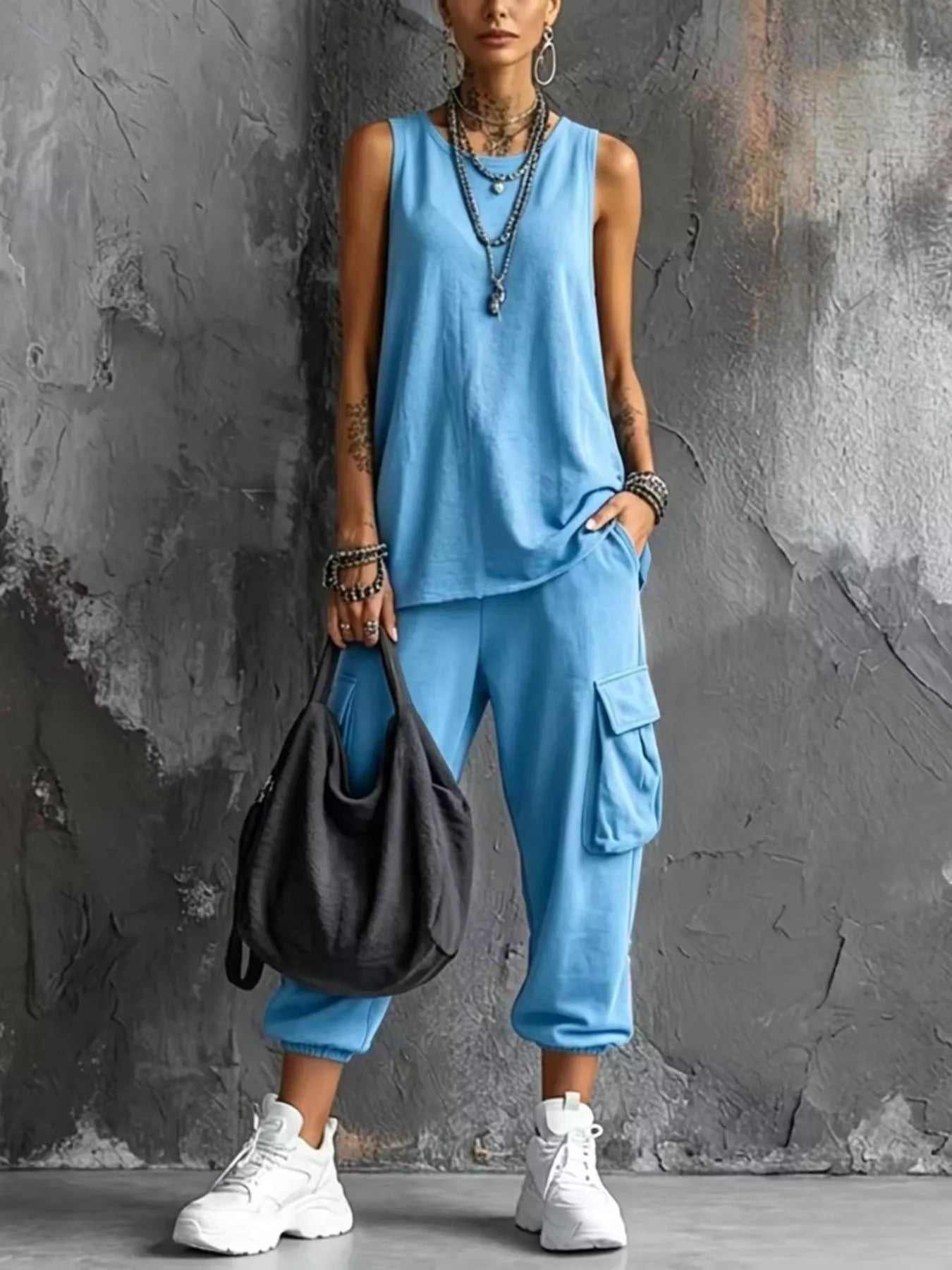 Full Size Casual Tank and Cargo Pants Set Plus Size