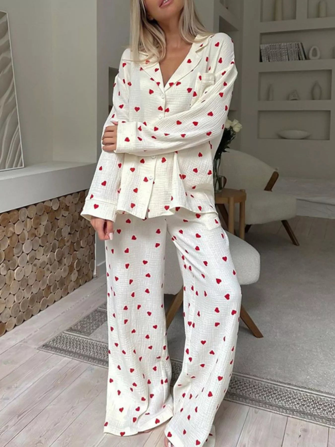 Heart Print Long Sleeve Top and Pants Lounge Set