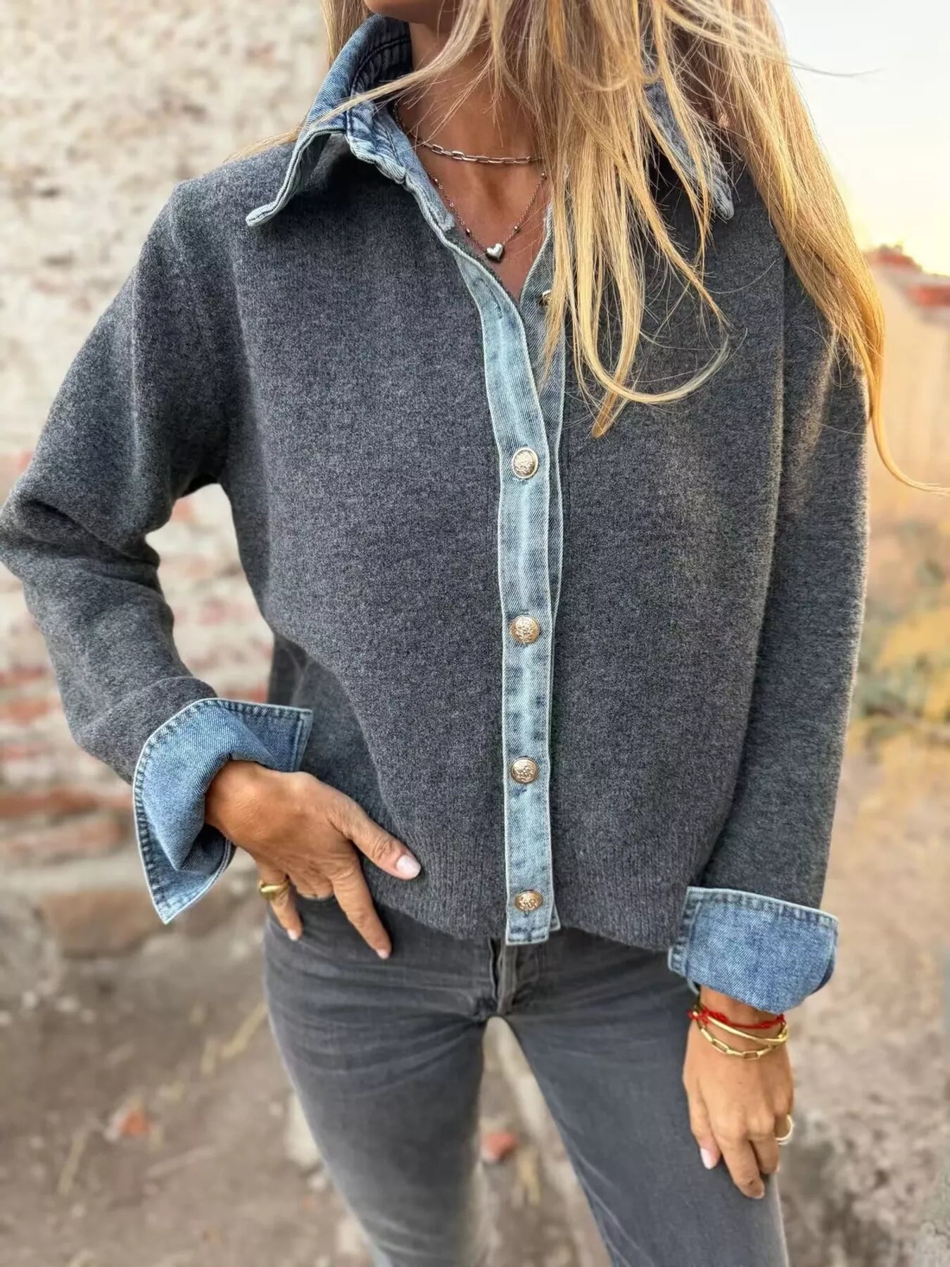 Contrast Denim Trimmed Sweater Cardigan