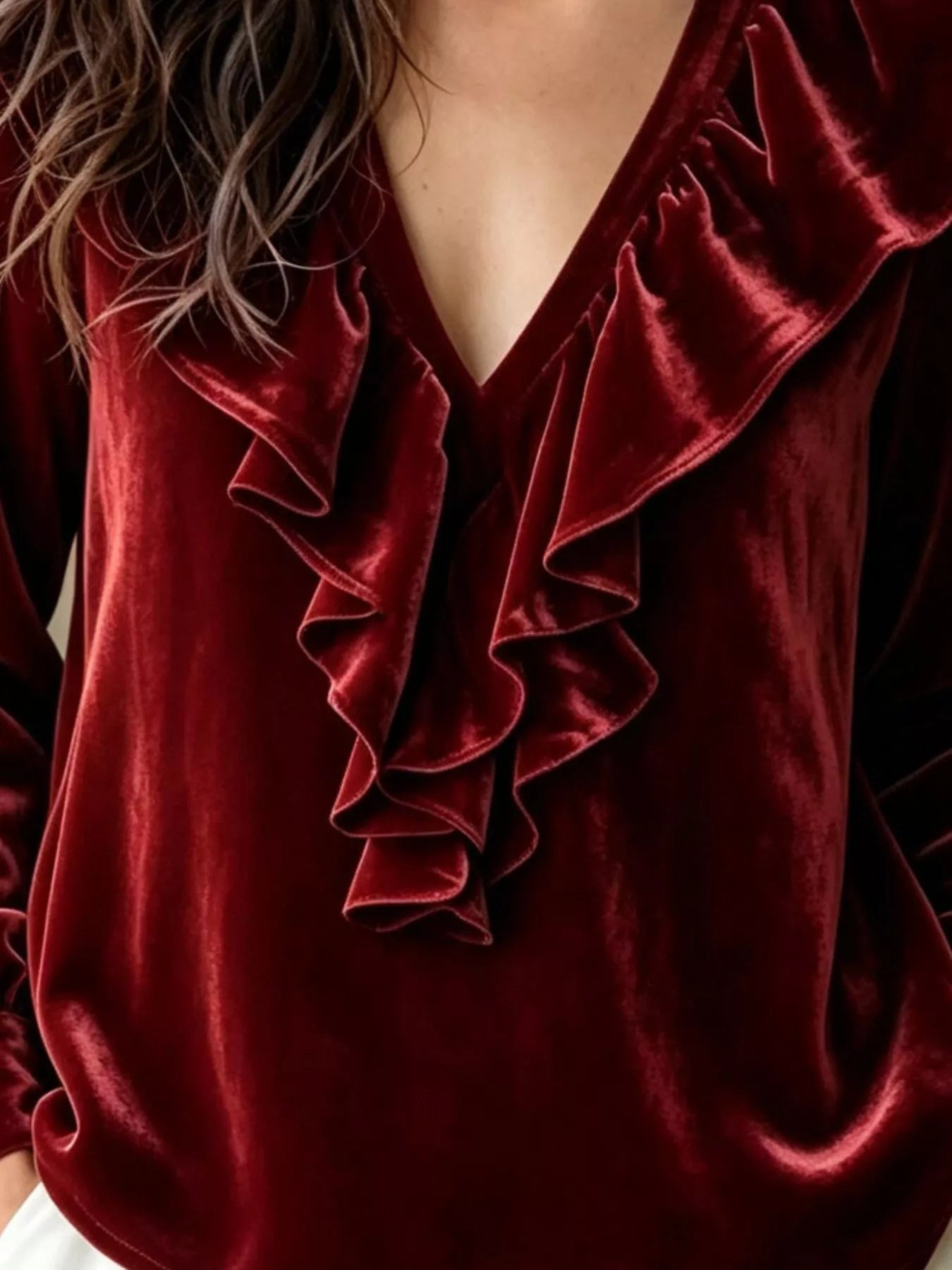 Ruffled V-Neck Long Sleeve Blouse