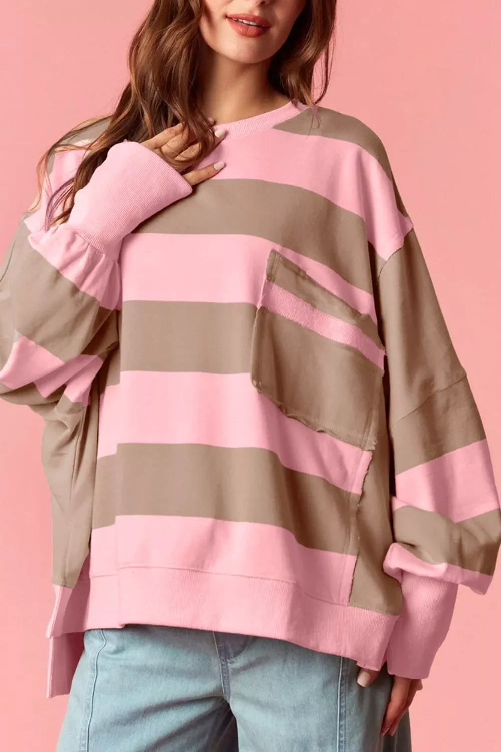 Striped Colorblock Patch Pocket Split Hem Oversized Long Sleeve Sweatshirt