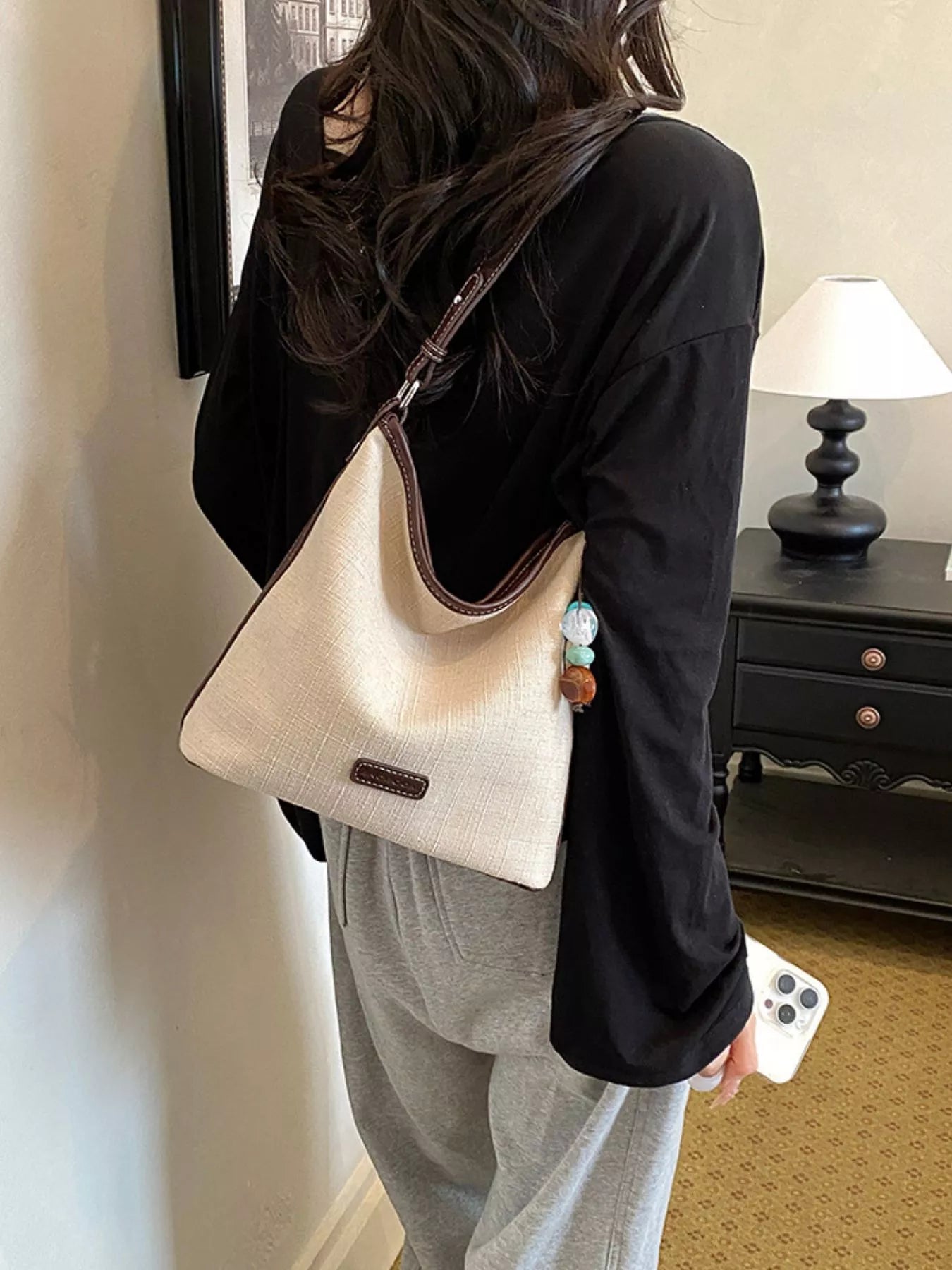 Casual Shoulder Bag with Decorative Charm