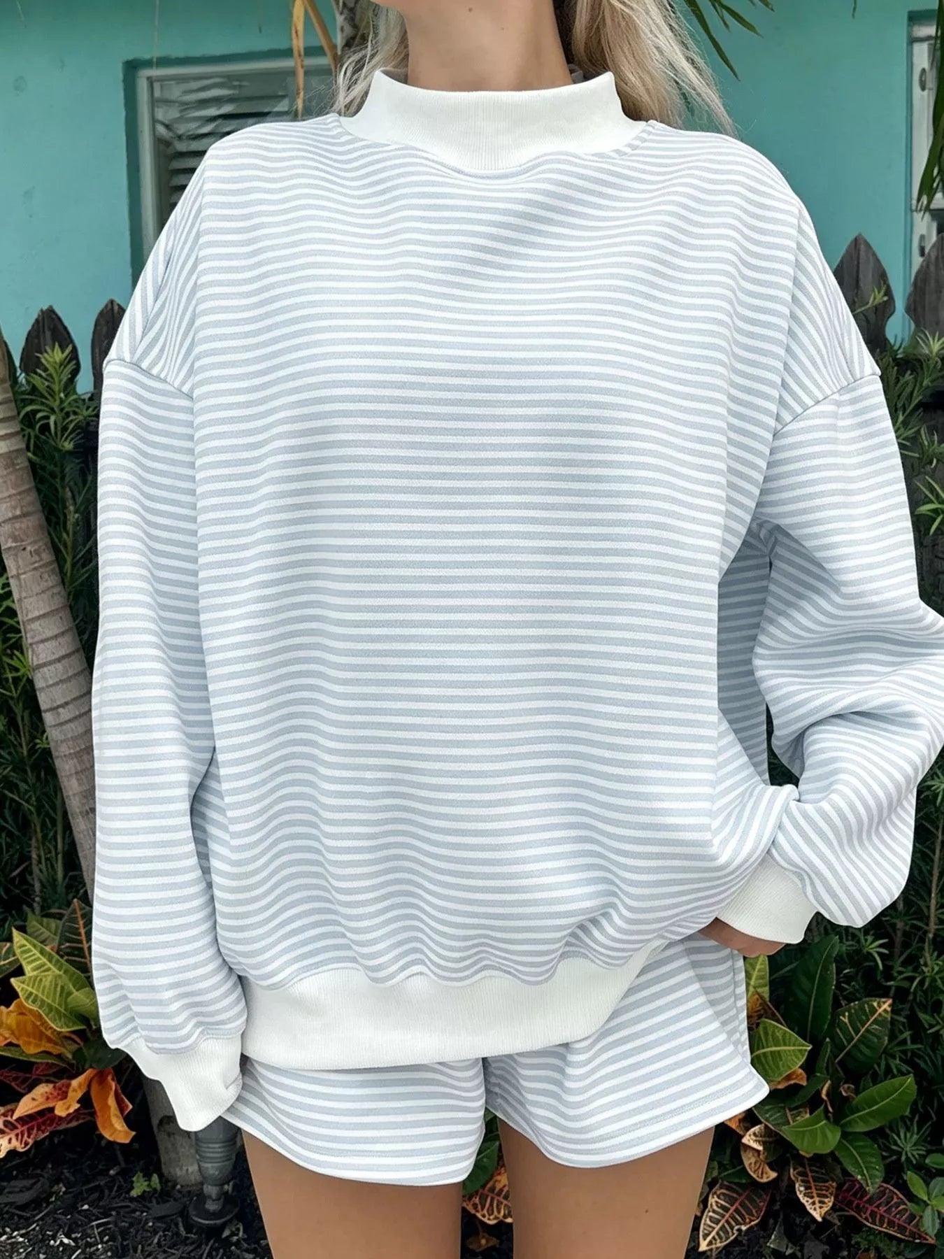 Striped Mock Neck Sweatshirt and Shorts Set