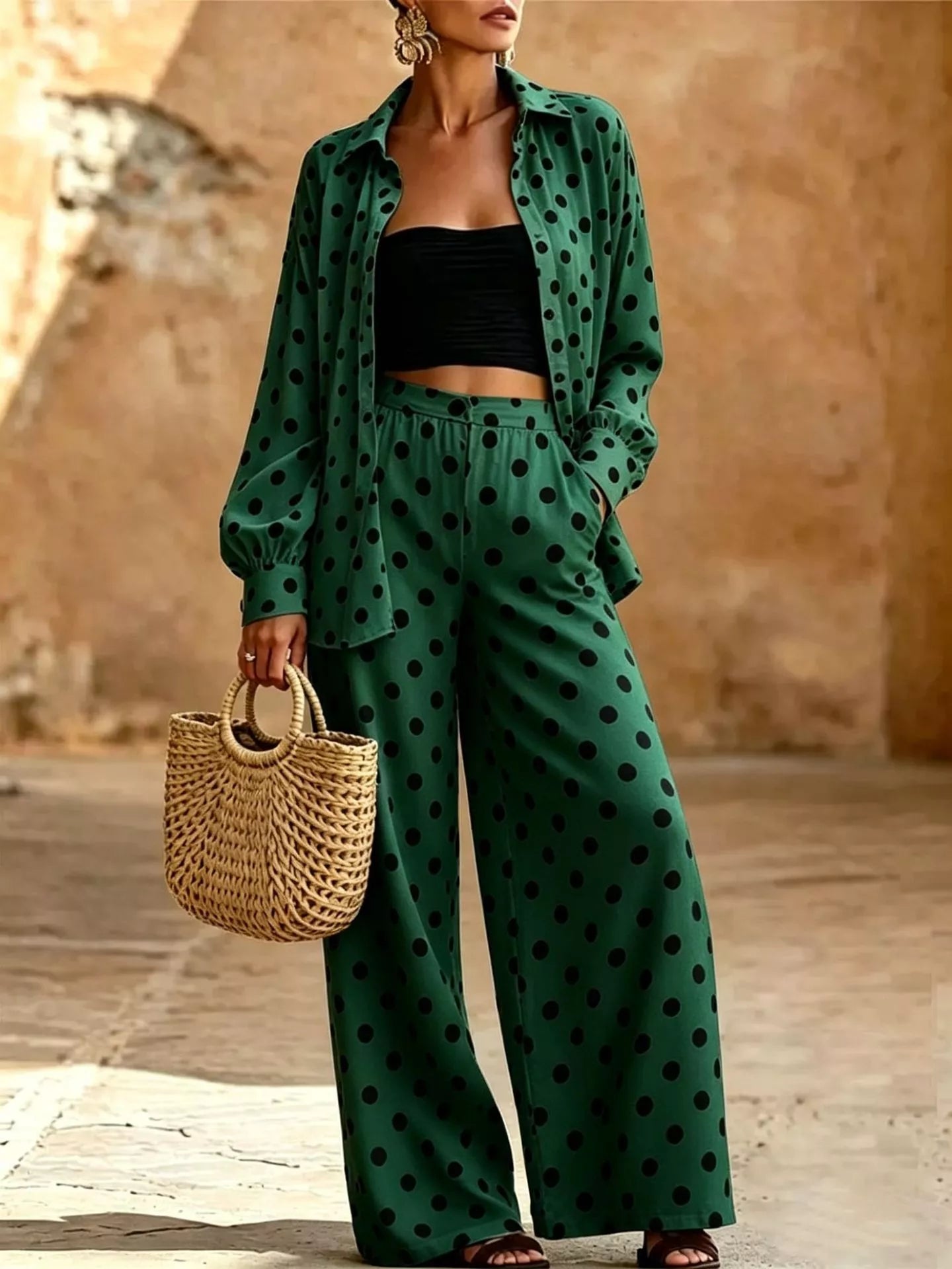 Full Size Polka Dot Shirt and Wide-Leg Pants Set Plus Size